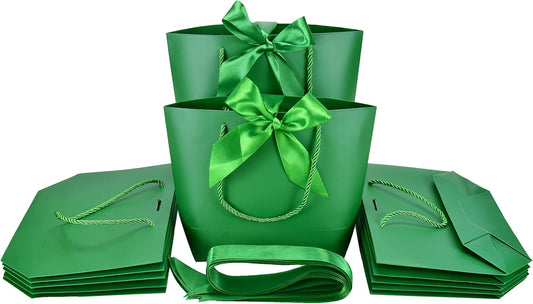HUAPRINT Gift Bags with Handles,7.48×3.54×7.9 inches,Party Favor Bags with Bow Ribbon,12Pcs Green Paper Bags for Birthday Wedding Bridesmaid Present Celebration Holiday