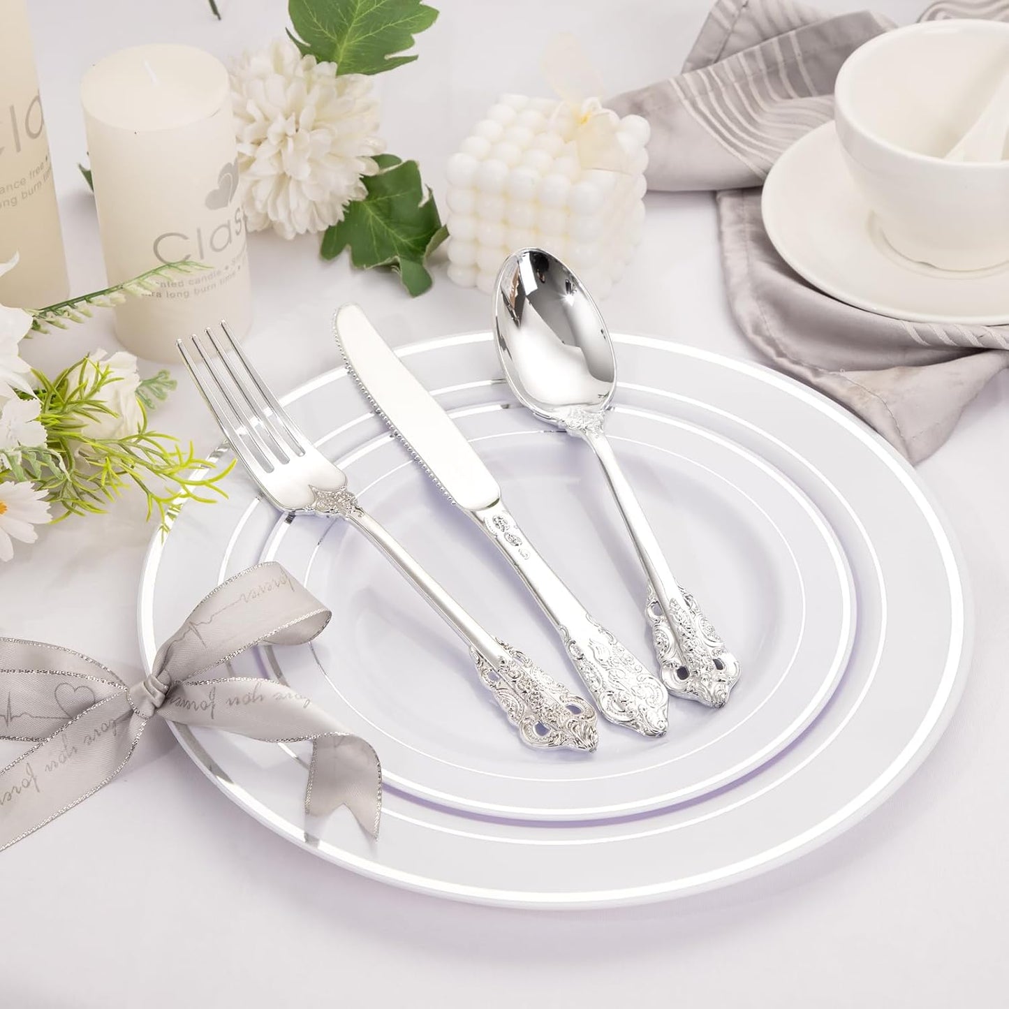 WDF 120PCS Silver Plastic Silverware - Heavy Duty Silver Plastic Cutlery Set - 40 Forks, 40 Spoons, 40 Knives, Perfect for Christmas Parties/Weeding