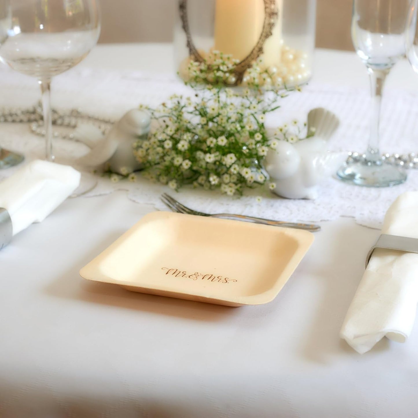 Mr. and Mrs. Disposable Wedding Plates – Rustic, Compostable Alternative to Plastic Plates for Wedding Receptions, Engagement Parties, and Rehearsal Dinners (Appetizer, 50-Pack)