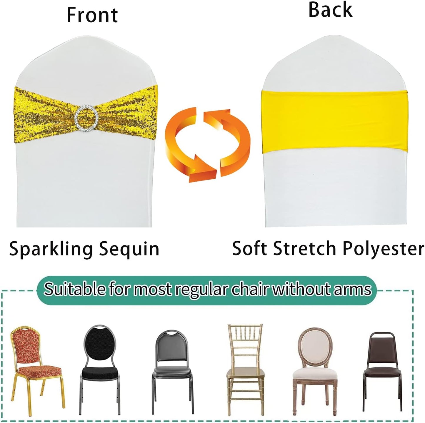 50 Pcs Sequin Chair Sashes Stretch Chair Bands Spandex Polyester Bows for Party Hotel Wedding Banquets Decoration -Gold