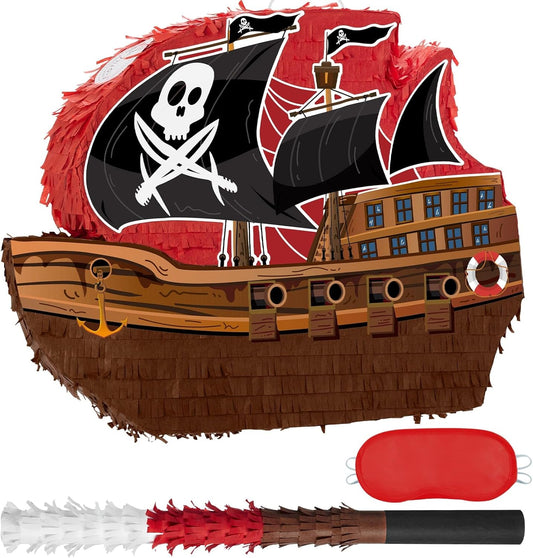 WERNNSAI Pirate Piñata - Pirate Ship Piñata with Blindfold and Bat for Boys Kids Caribbean Pirate Piñata Birthday Party Favors Decorations Family Games Pirate Party Supplies 16.4” x 12.4”