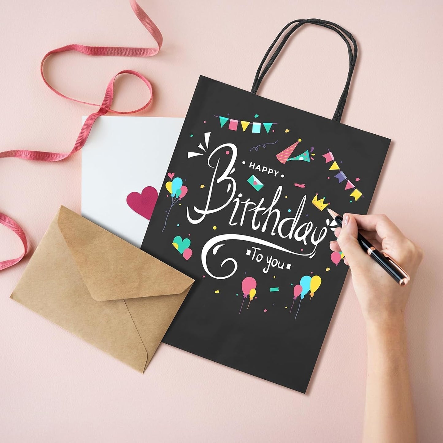 METRONIC Kraft Paper Gift Bags with Handles 8x4.75x10.5 Inch 600 Pcs | Christmas, Birthday Party Favors, Retail Shopping, Small Business Bulk | Black Gift Wrap Bag