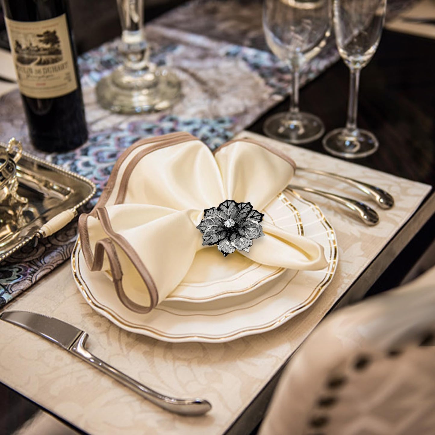 KPOSIYA Flower Napkin Rings Holder Metal Black Napkin Rings Set of 12 for Wedding Party Holiday Banquet Christmas Dinner Delicate Serviette Buckles Decor Favor (12, Black)