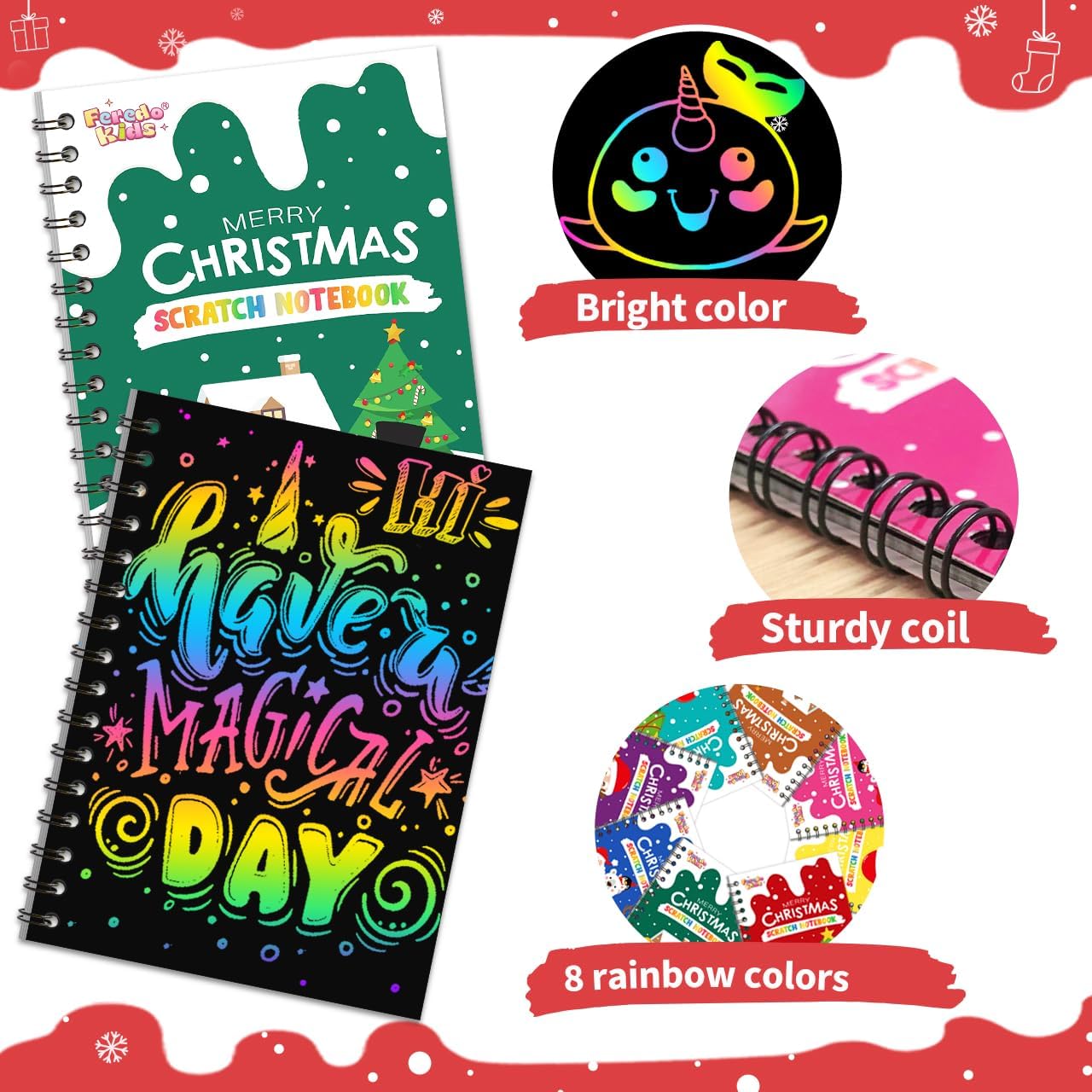 Party Favors for Kids: 16 Pack Christmas Rainbow Scratch Art Notebook Classroom School Supplies Bulk for Girls Boys Goodie Bags Stuffers, Return Gifts for Birthday Party Gift Kid Crafts