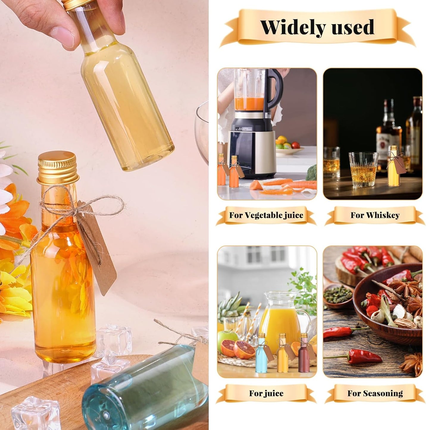 Dualshine 100 Pcs Mini Liquor Bottles, 1.7oz/50ml Shot Bottles with Gold Aluminium Caps, Reusable, Ideal for Juices, Travel, Home, Weddings, Parties