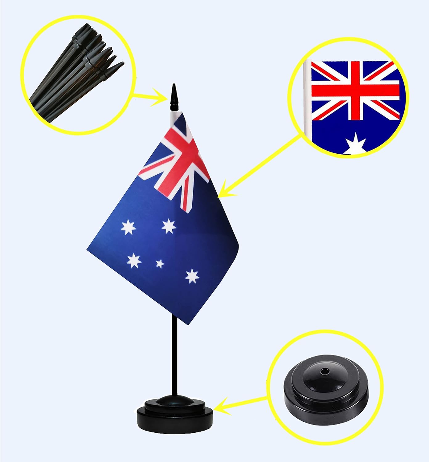 Australia Australian Deluxe Desk Flag Set Small Mini Miniature Australia Australian Table Desktop Flags With Solid Pole, Black Base and Spear Top(2 Pack)