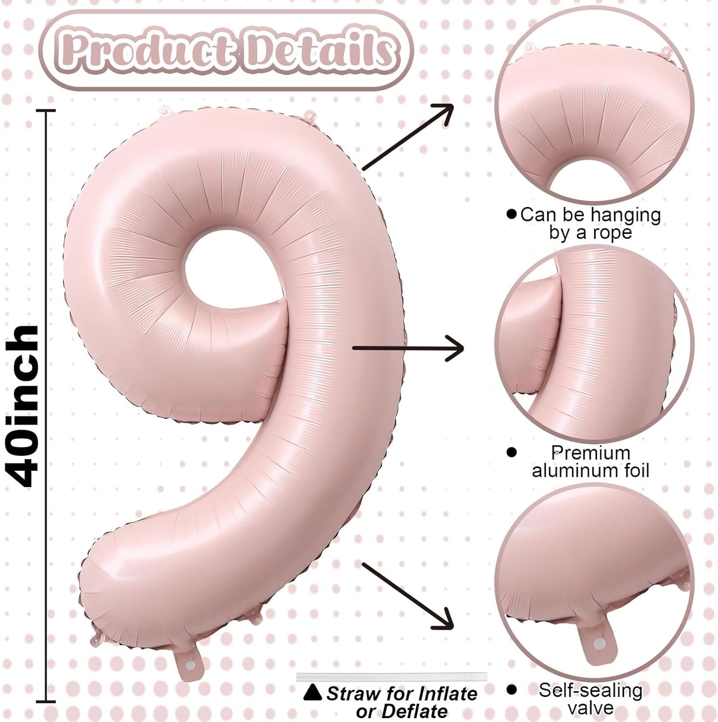 40'' Pink Number Balloon 9, Self Inflating Retro Dusty Pink Foil Number Balloons Set 0-9, Self Inflating Digital 9 Helium Balloon for Girls 9th Birthday Women Anniversary Party Decorations Supplies