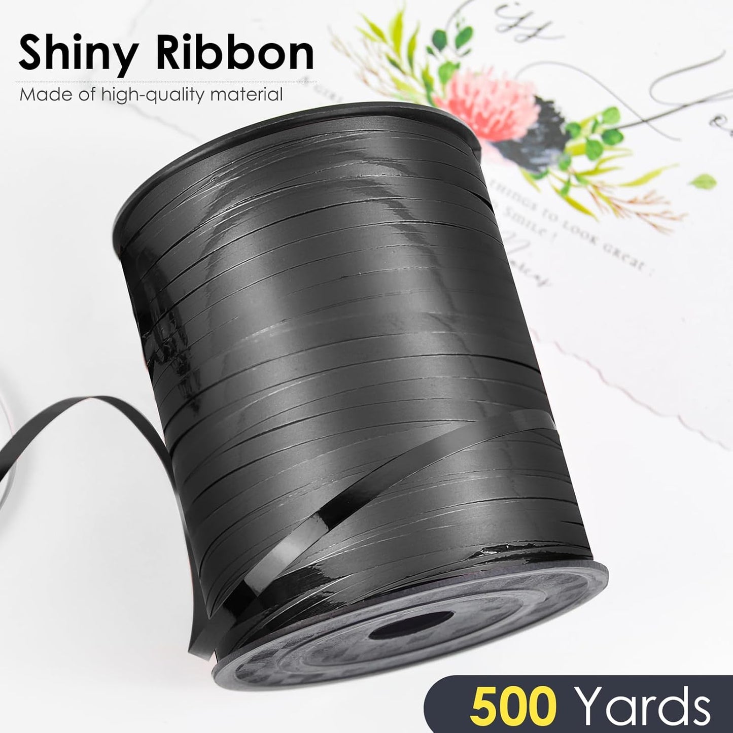 Black Ribbon, 500 Yard Curling Ribbon for Crafts, Shiny Metallic, Iridescent Crimped for Gift Wrapping, Balloons, Florist (1 Roll)