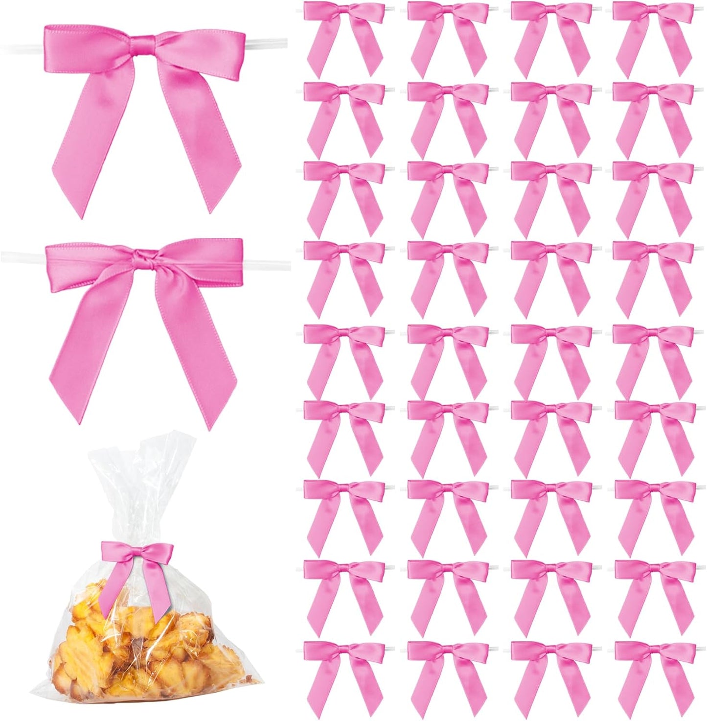 50Pcs Rose Red Twist Tie Bows for Gift Wrapping 2.5" Satin Ribbon Bow for Treat Bags Cake Balloons Birthday Party Favors Wedding Decorations