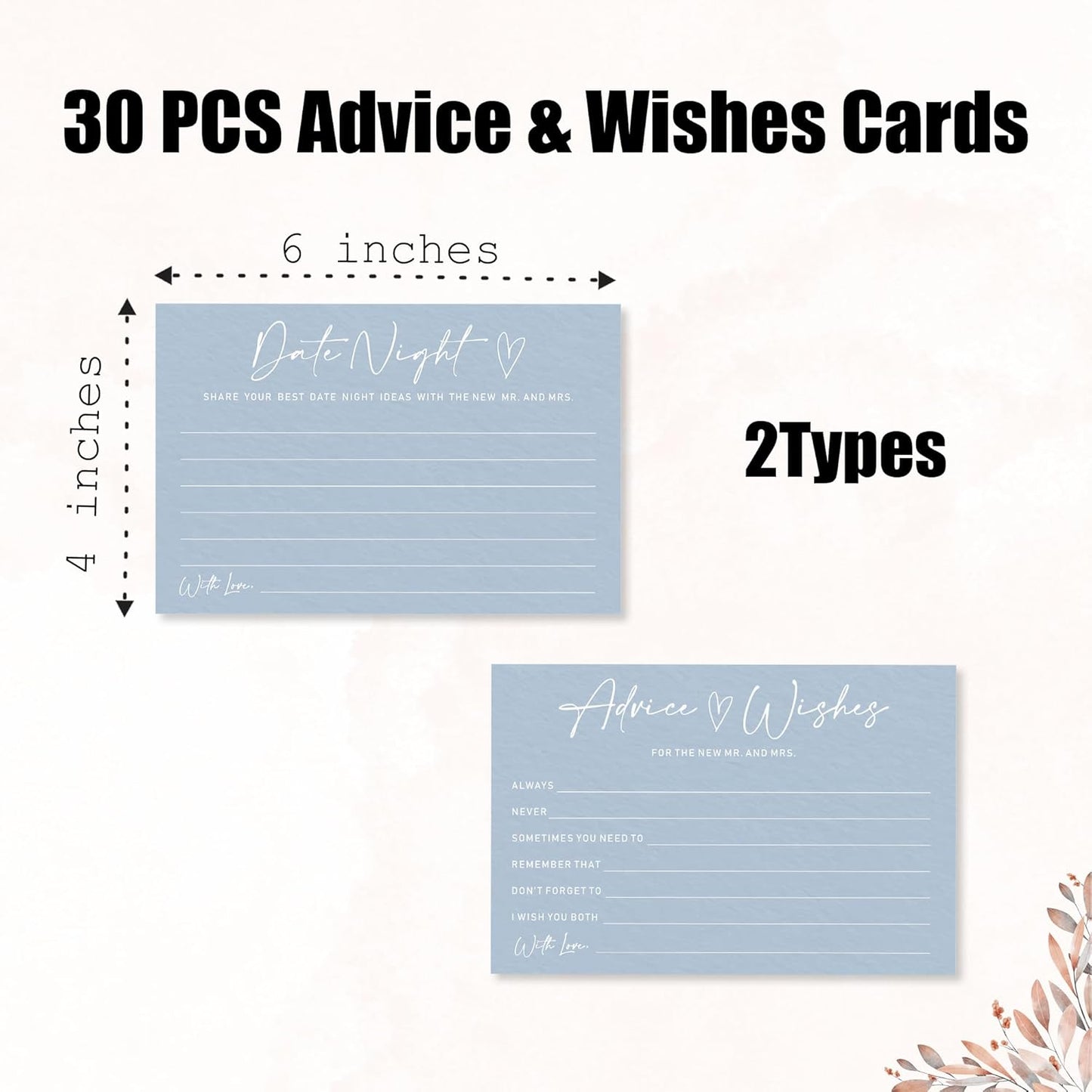 Advice & Wishes Card Set - Minimalism Blue - 15 Advice & Wishes Cards & 15 Date Night Cards Cards For New Couple, Newlyweds, Engagement, Wedding Party Favor & Supplies - B02