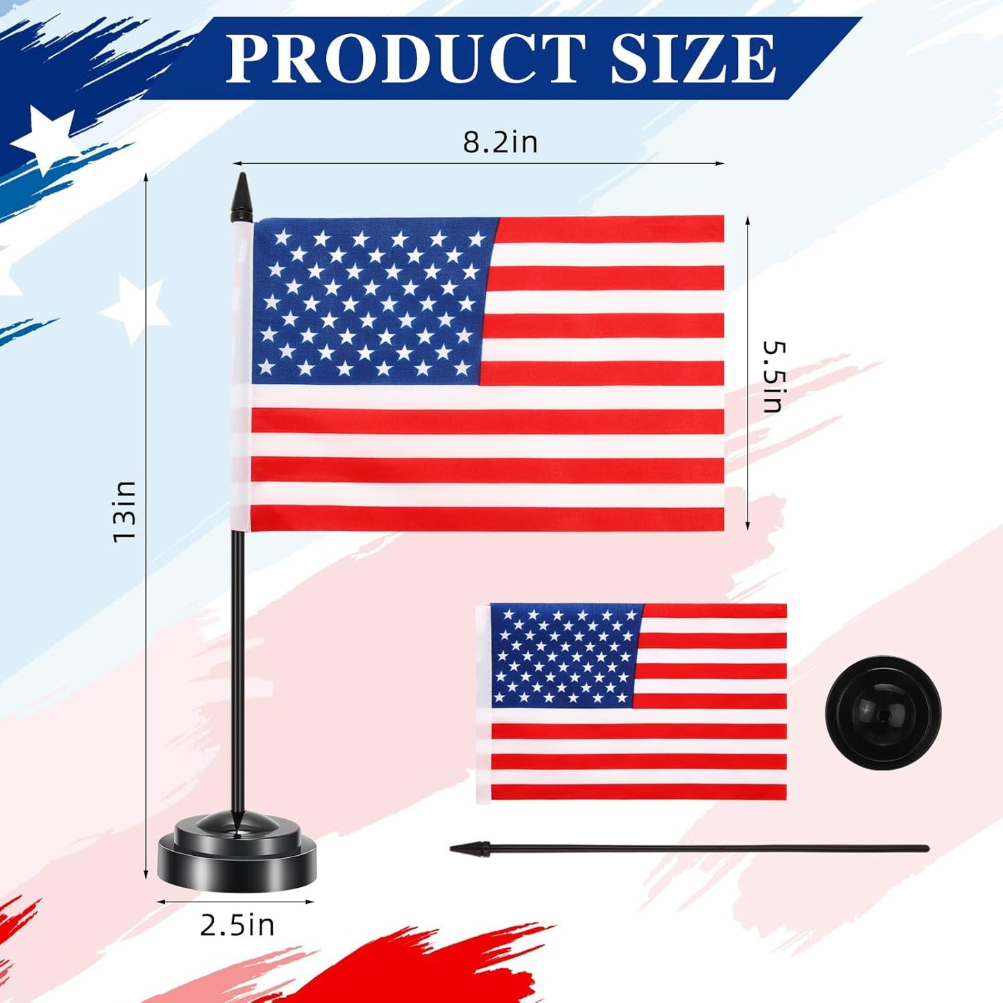 24 Pcs American Desk Flag Set Small USA Flags for Table with 13" Black Pole, Black Base and Spear Top, American Flag for Home Office Party Festival Celebrations Decor