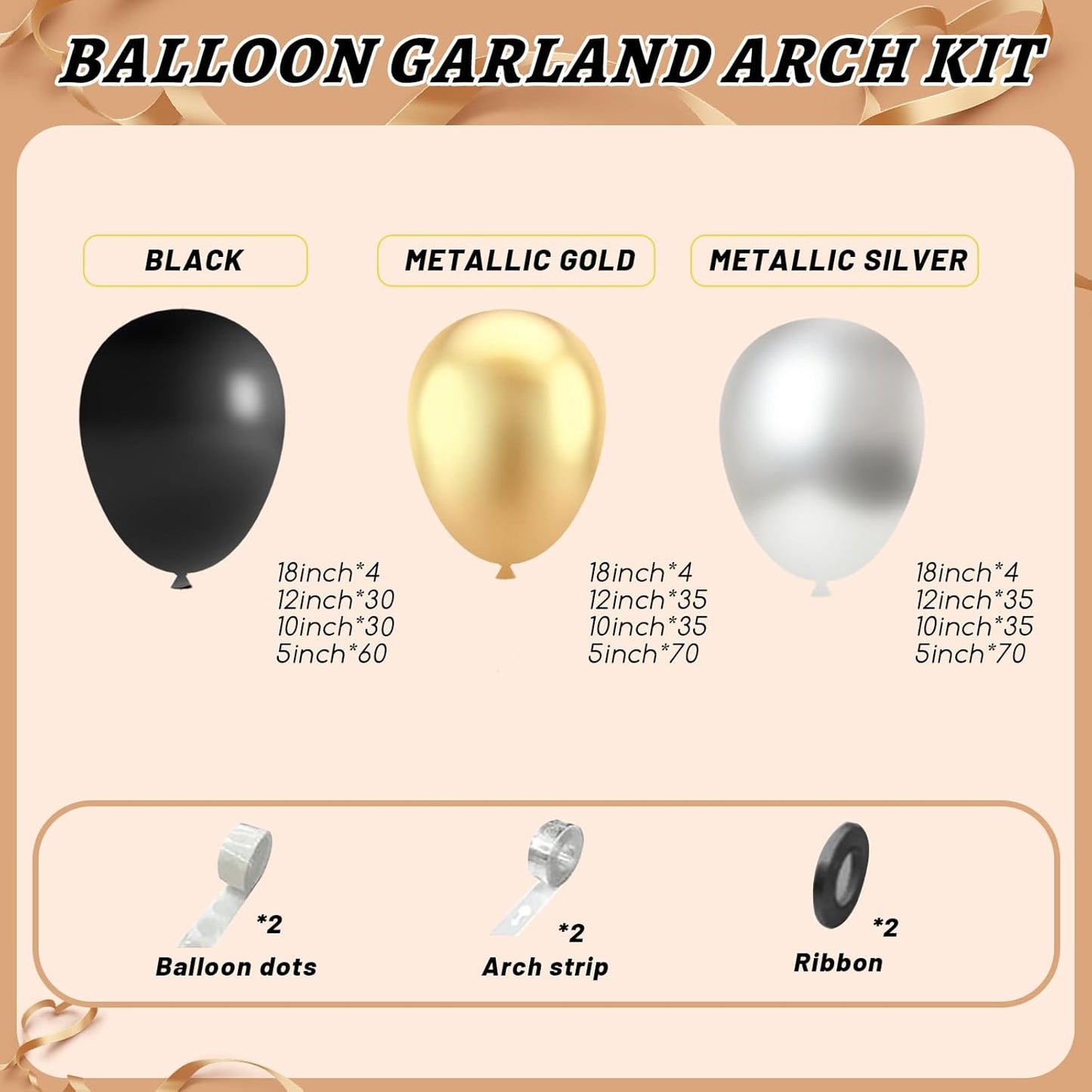 412Pcs Black Gold Silver Balloons Garland Arch Kit,18 12 10 5 Inch Different Size Latex Balloons for Graduation Birthday Wedding Party Decorations