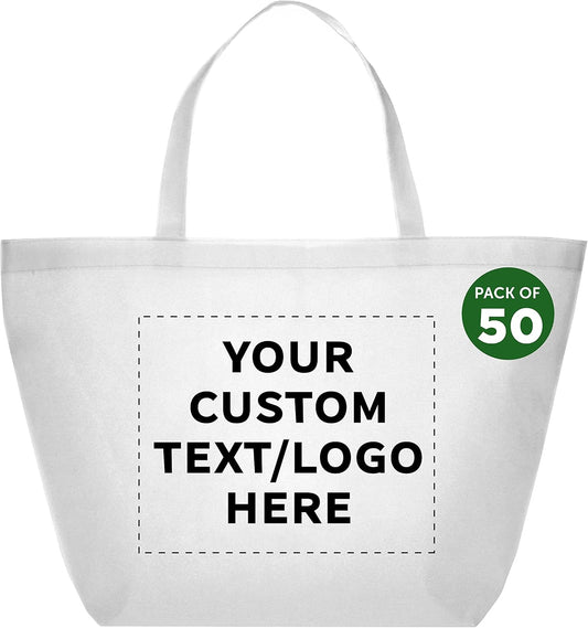 DISCOUNT PROMOS Custom Southern Style Grocery Tote Bags Set of 50 - Personalized Bulk Pack, Reusable Grocery & Shopping Bags - Great for Travel, Carry on Bag, Business Promotions - White - 20"X13"X8"
