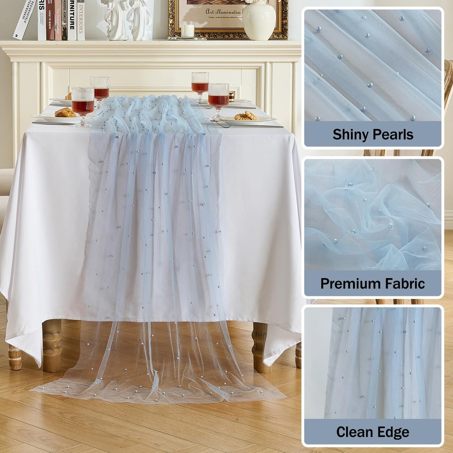 Fanami 1 Pack Pearl Table Runner -10FT Dusty Blue Boho Tulle Table Runners 120 Inches Long Rustic Sheer Lace Fabric Centerpieces for Wedding Arch Birthday Party Bridal Veil Baby Shower Decorations
