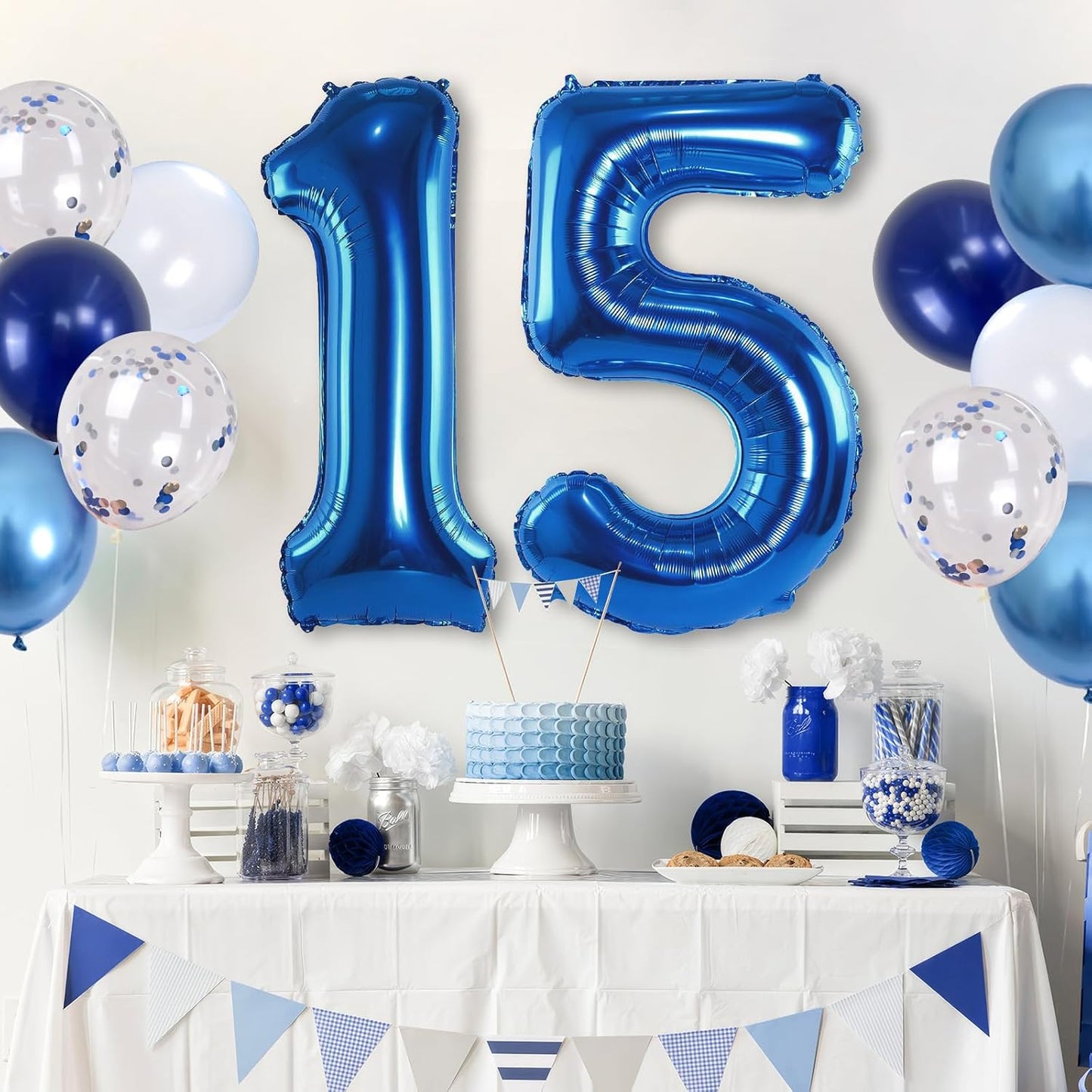 15th Birthday Balloon for Boys, Foil 40 Inch Self Inflating Number 15 Metallic Dark Blue, Navy Blue Mylar Large Balloon with Silver Confetti Latex for Men Birthday Party Decorations