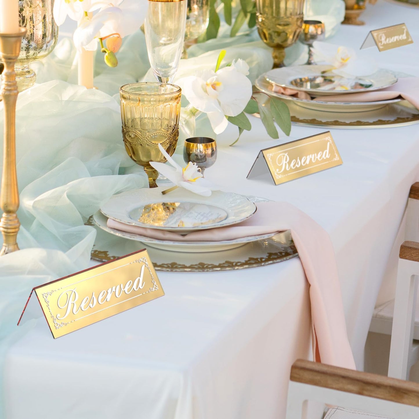 12 Pcs Mirrored Gold Reserved Table Signs, 6" x 2" Double-Sided Table Tent Sign with Suede Cleaning Cloth, Acrylic Reserved Signs for Wedding Restaurant Ceremony Party Banquet