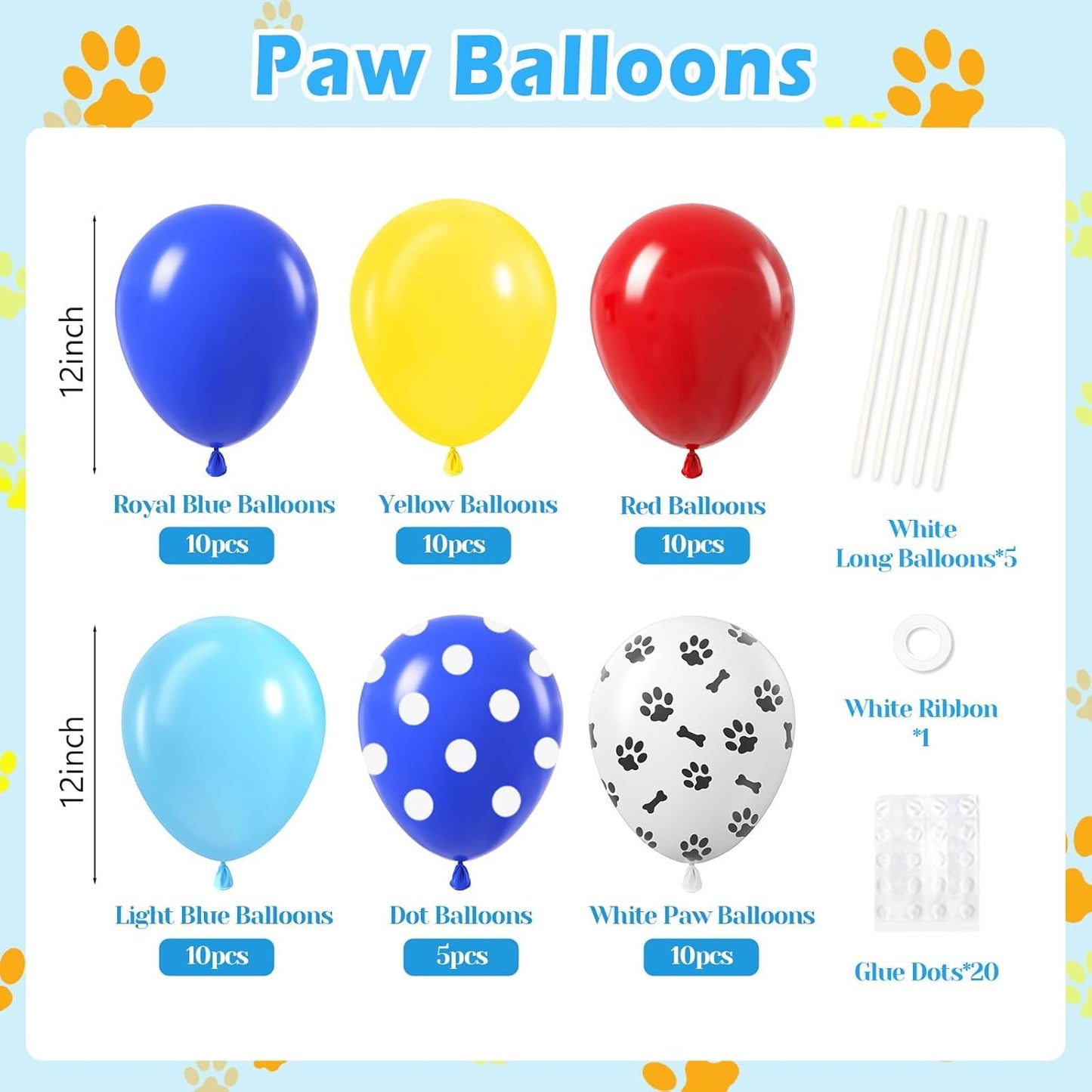 60pcs 12inch Dog Balloons, Royal Blue, Light Blue, Yellow, Red Paw Print for Puppy Dog Paw Birthday Party Decorations