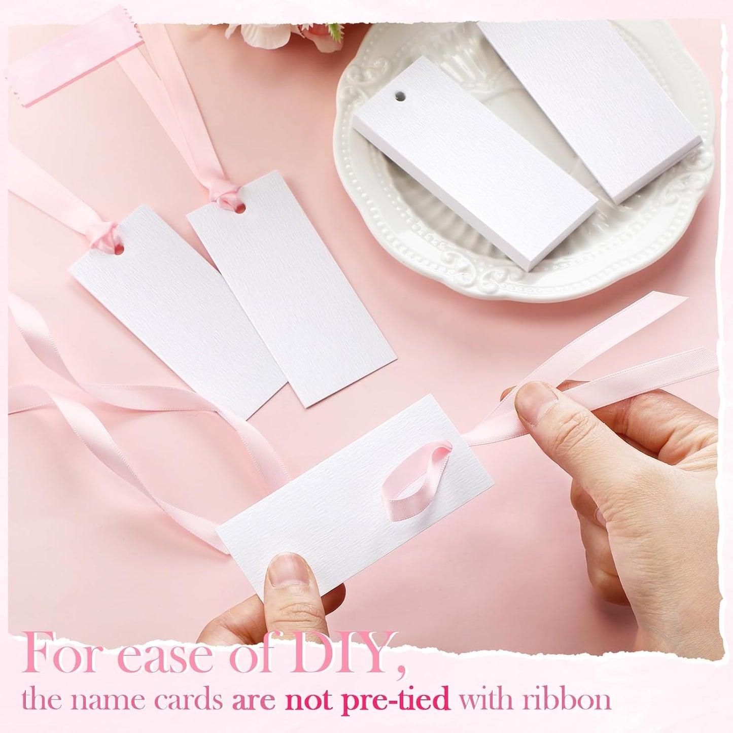 50 Pcs Name Place Cards for Table Setting Blank Wedding Place Cards with Satin Ribbon 1.57 x 3.54 Inch Hanging Gift Tags for Wedding Dinner Banquet Party Table Setting Supplies(Pink)