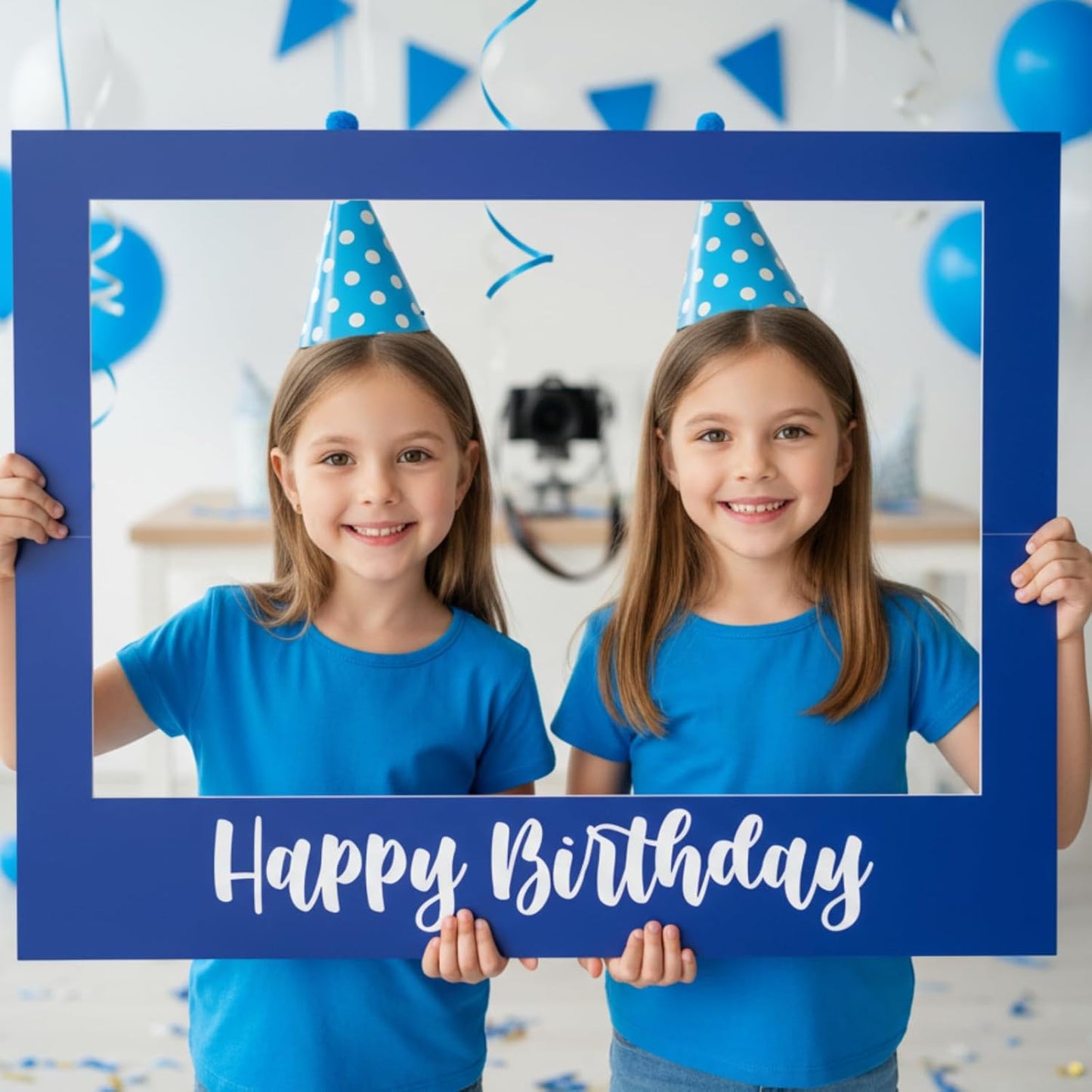 32 x 24 Inch Large Photo Booth Props Picture Frame Happy Birthday Party Frame DIY Cutouts Photo Booth Props Selfie for Party Supplies Favors (Horizontal,Blue White)