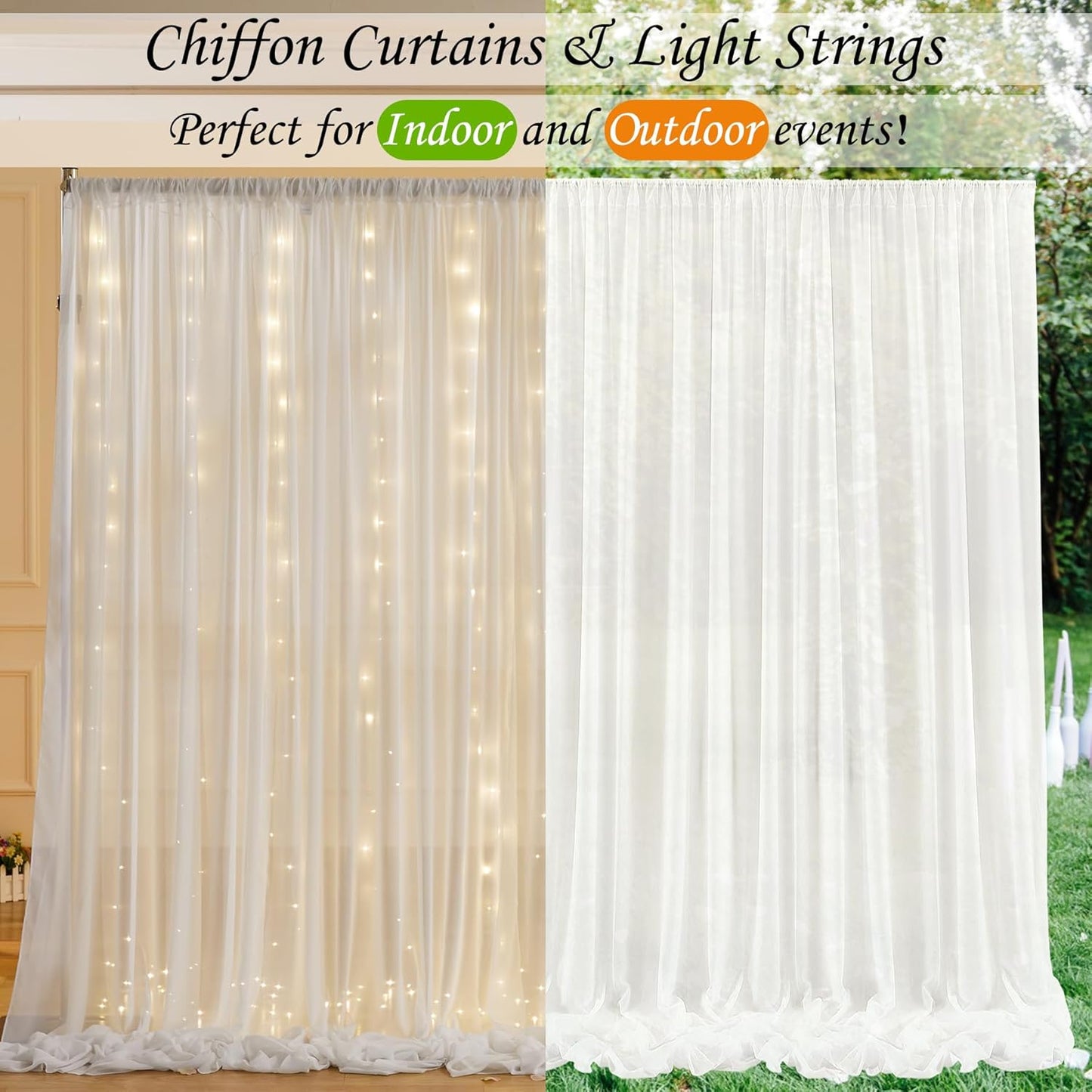 10ft x 7ft Cream White Chiffon Backdrop Curtain with Lights String for Parites Wedding Wrinkle Free Curtain Photo Backdrops Drapes for Baby Shower Birthday Party Home Decorations