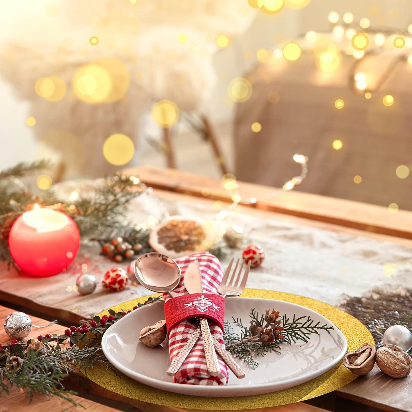 50 Pieces Gold Glitter Paper Place Mats Sparkle Round Disposable Table Mats Golden Sequin Doilies Decorative Placemats for Wedding Banquet Party Home Dining Tableware