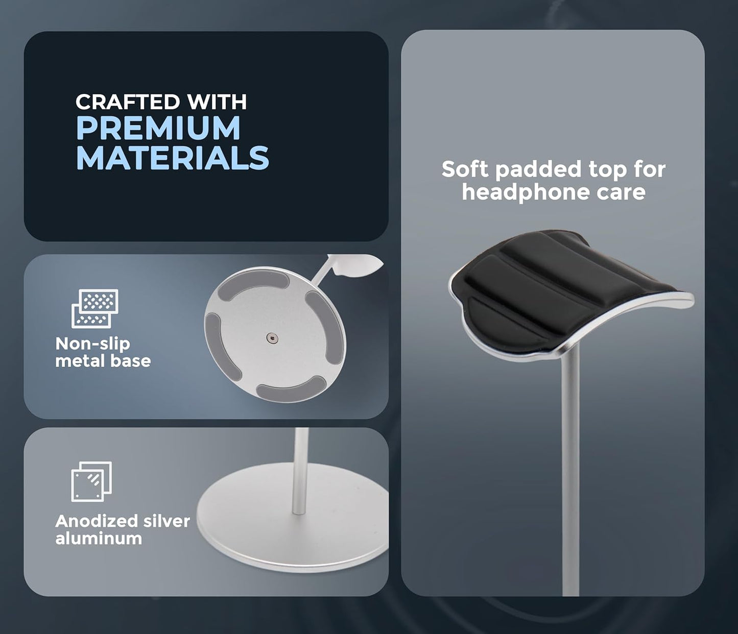 Headphone Stand for Desk – Premium & Minimalist Headset Holder with Round or Oval Base for Gaming, Office & Home (Silver Rubber, Standard)