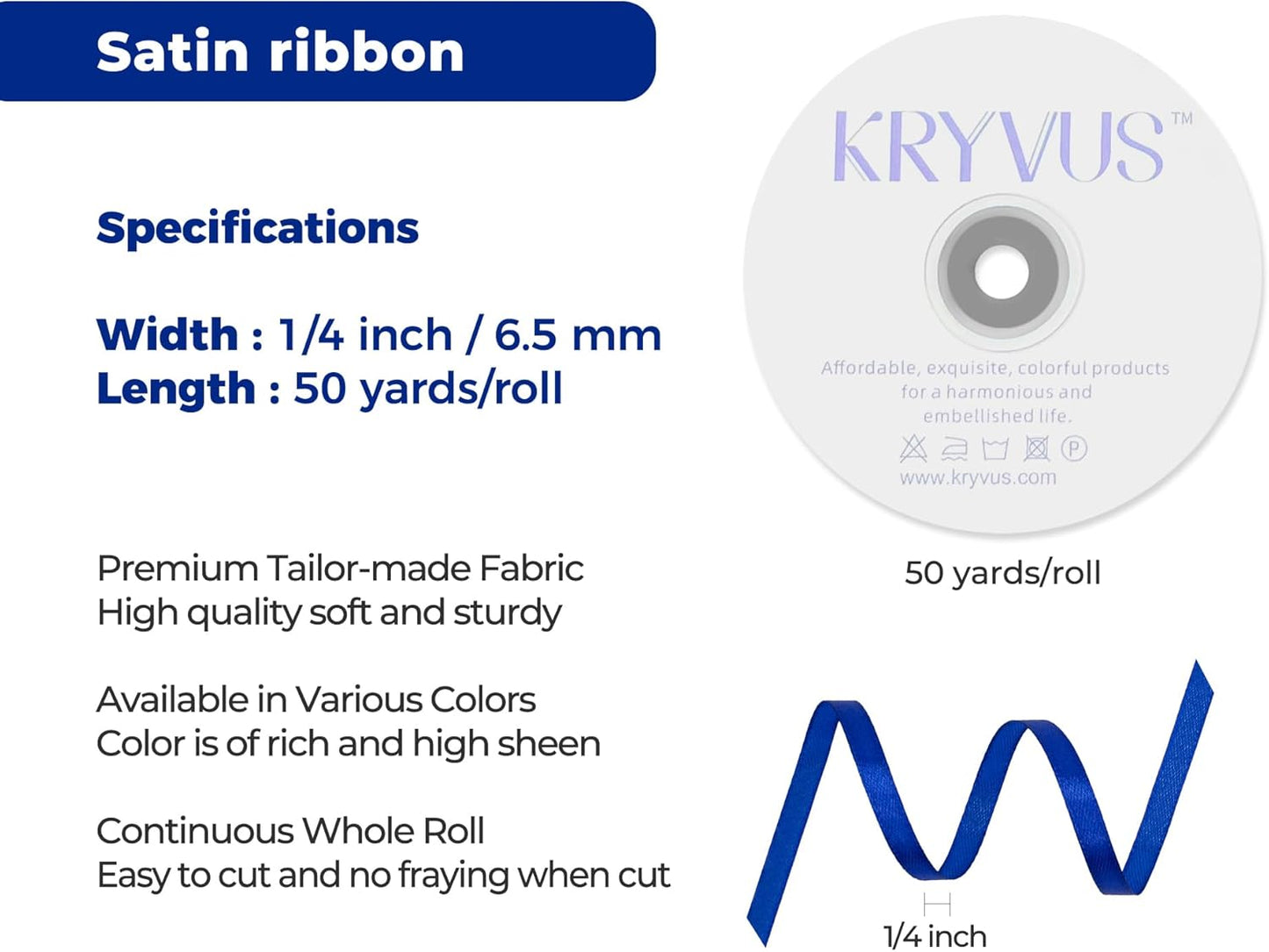 Royal Blue Satin Ribbon 1/4 inch X Continuous 50 Yards, Single Face Polyester Ribbon Perfect for Gift Wrapping, Flower Bouquet, Wedding Decor, Crafts, Bow Making, Sewing and More