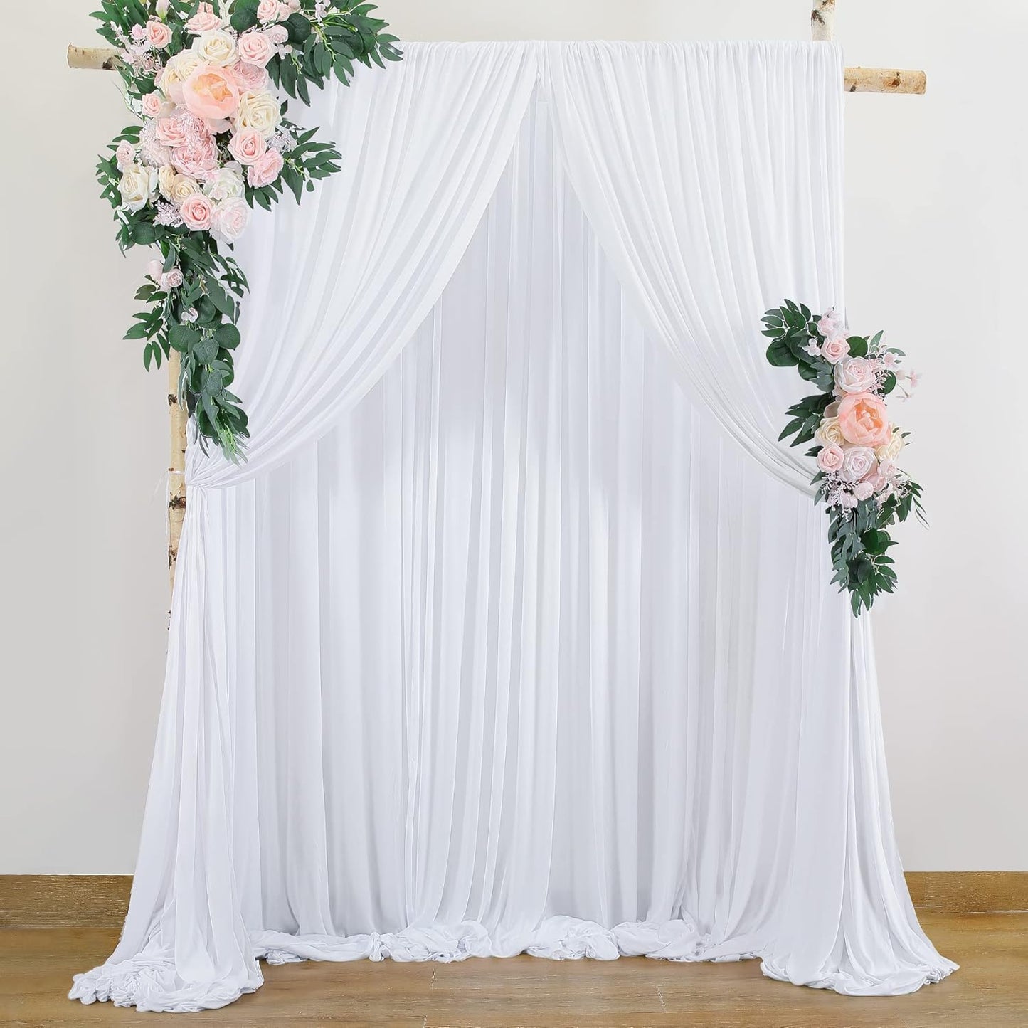 20 ft x 8 ft White Backdrop Curtain Drapes for Wedding Parties, 4 Panels 5 ft x 8 ft Wrinkle Free Polyester Photo Drapes for Birthday Party Baby Shower Backdrop Stand