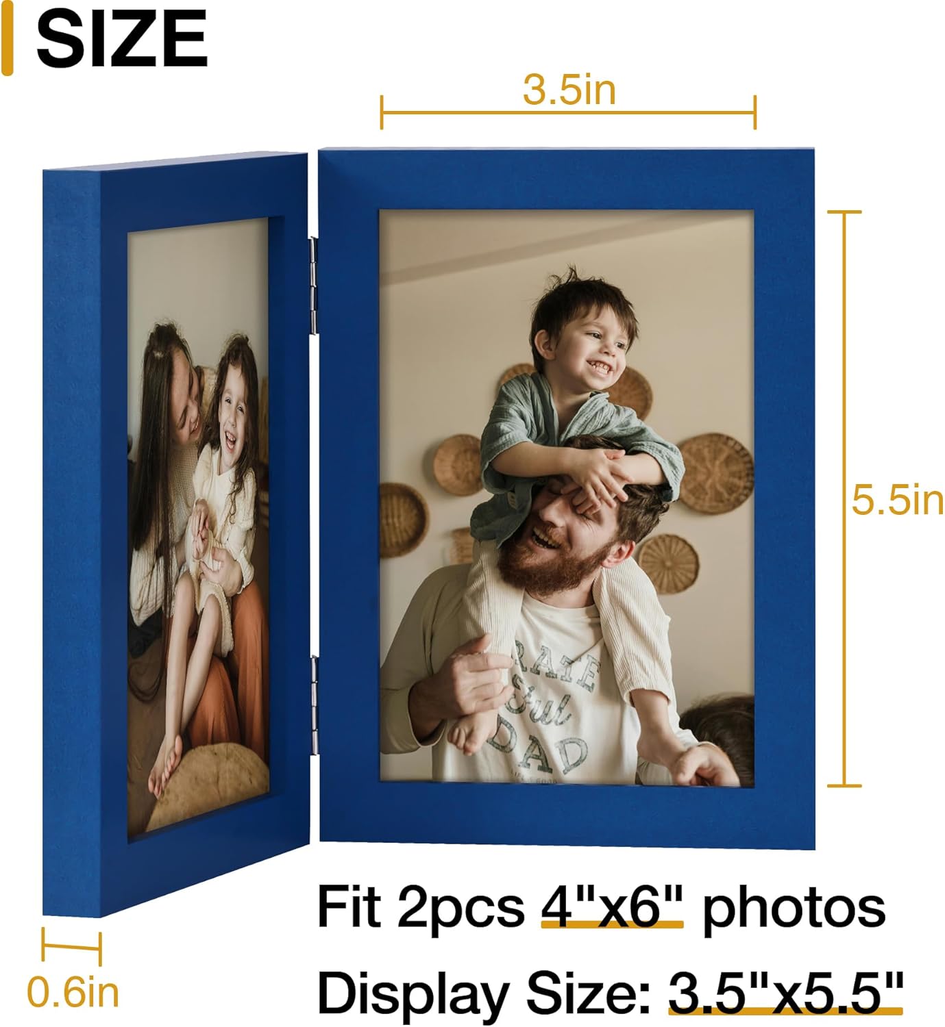 decorUhome Double 4x6 Picture Frame Vertical, Engineered Wood Bifold Photo Frame with Plexiglass for Tabletop Display, 4x6, Royal Blue