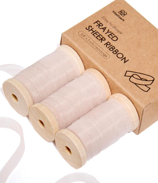 Vitalizart Pink Organza Ribbon Frayed Sheer Organza 3/8" Silk Like Ribbons for Valentines Day Gift Wrapping Craft Flower Bouquet Wedding Invitations Mesh Fabric Blush Light Pink 15 Yards