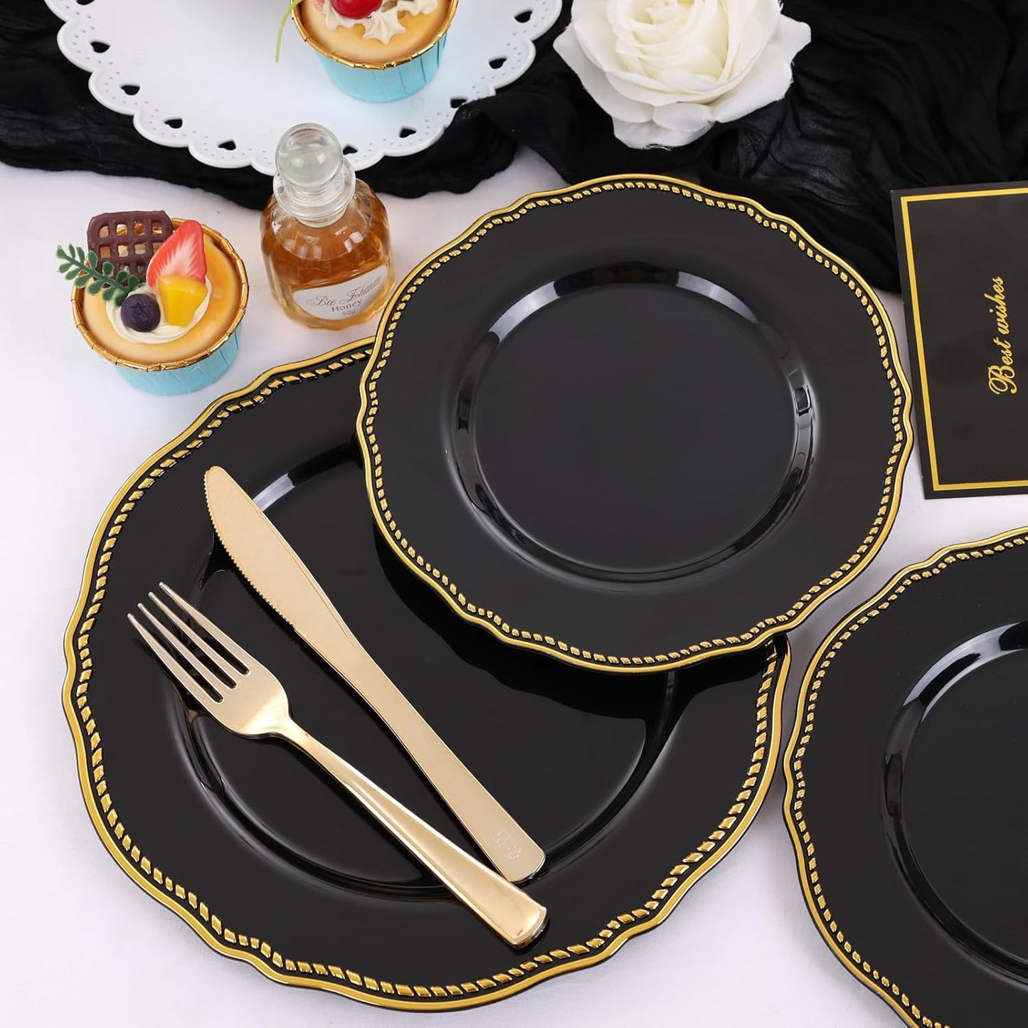Hioasis 60pcs Black Plastic Plates - Black and Gold Disposable Dinnerware with Gold Rim, Heavy-duty, 7.5 inch, Dessert Plates for Party & Halloween