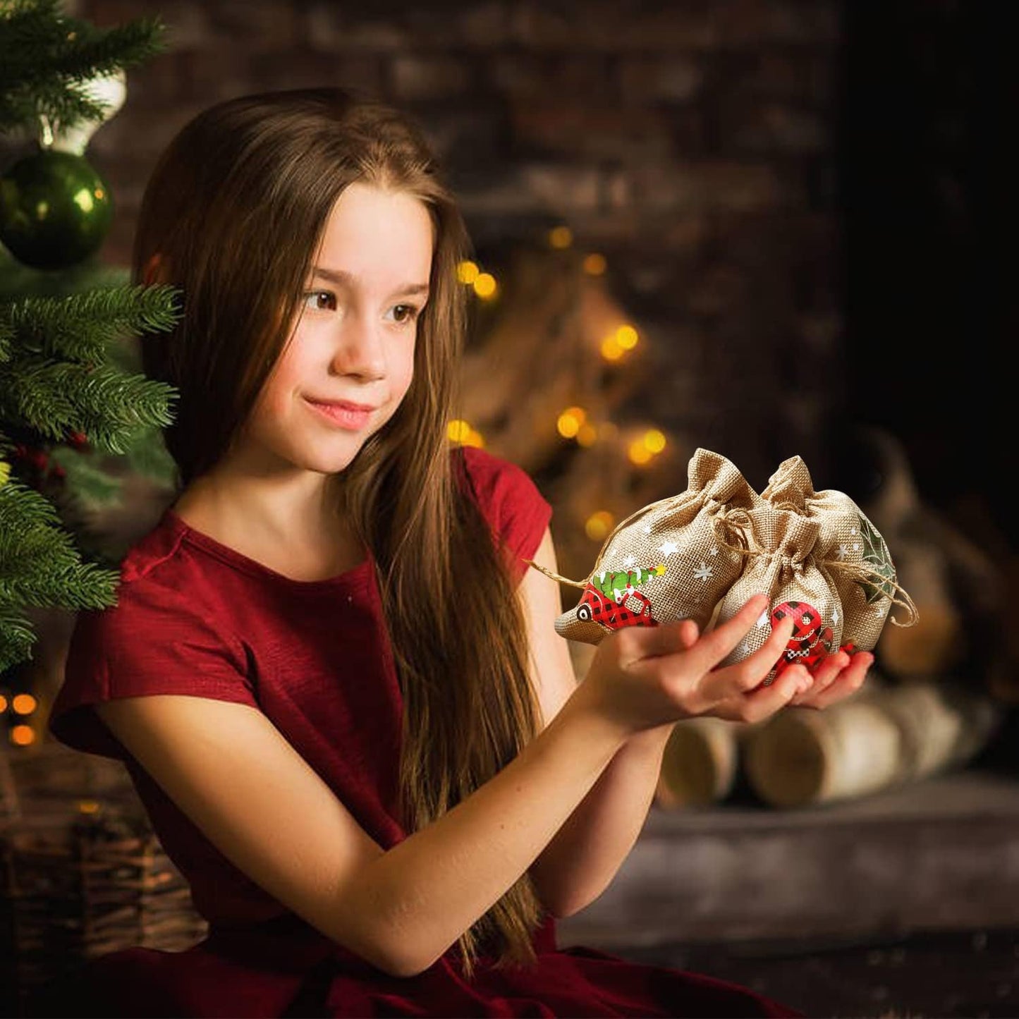 CCINEE 36pcs Christmas Drawstring Goody Candy Gift Bags, 4x6 Inch with Double Jute Drawstrings for Xmas Party Favors