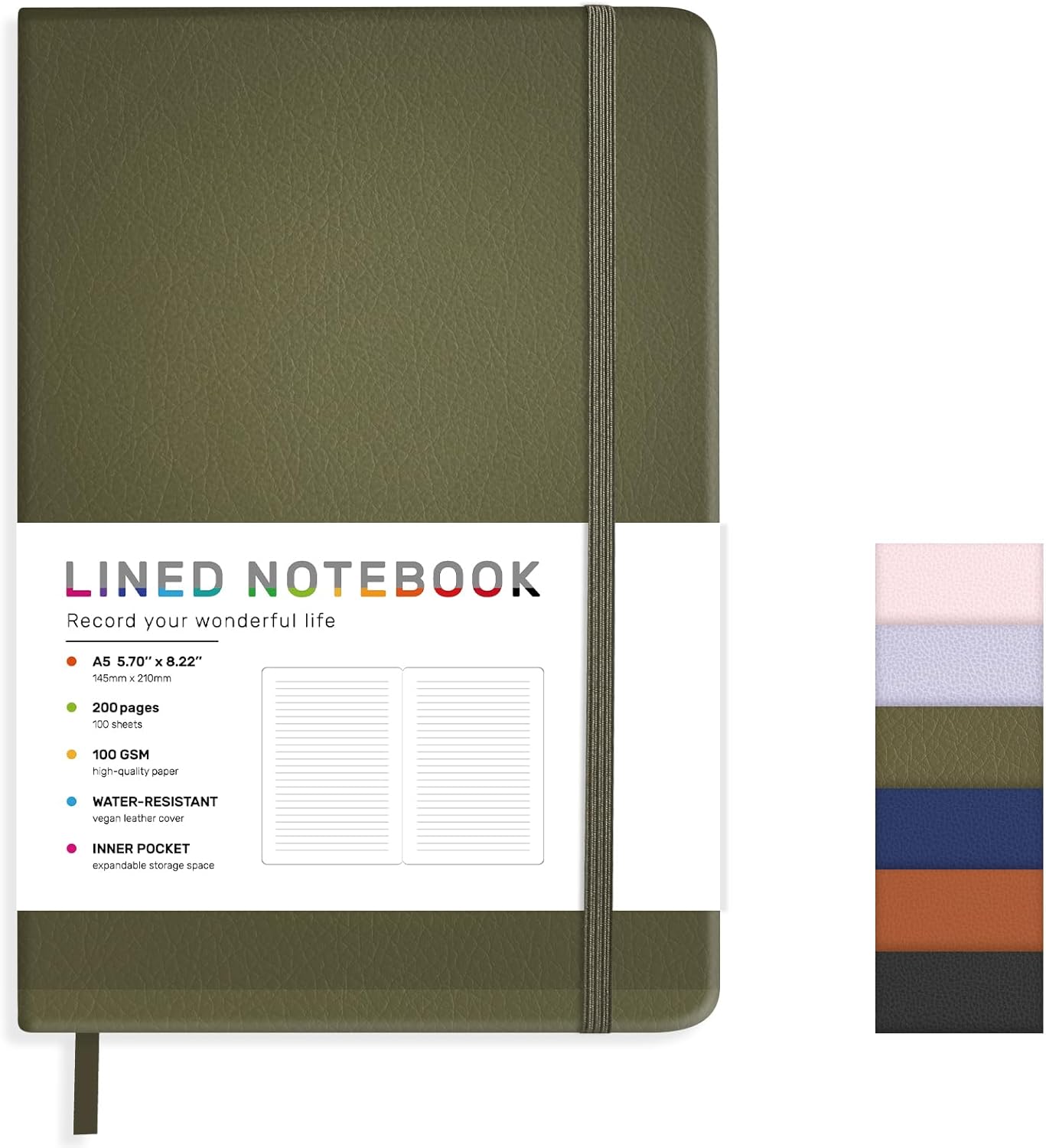 Lined Journal Notebook for Women Men, 200 Pages A5 Hardcover Leather Journals 5.7” x 8.3”, A5 College Ruled Notebooks with 100 GSM Thick Paper for Writing,Travel,School,Office,Work,Business(Green)
