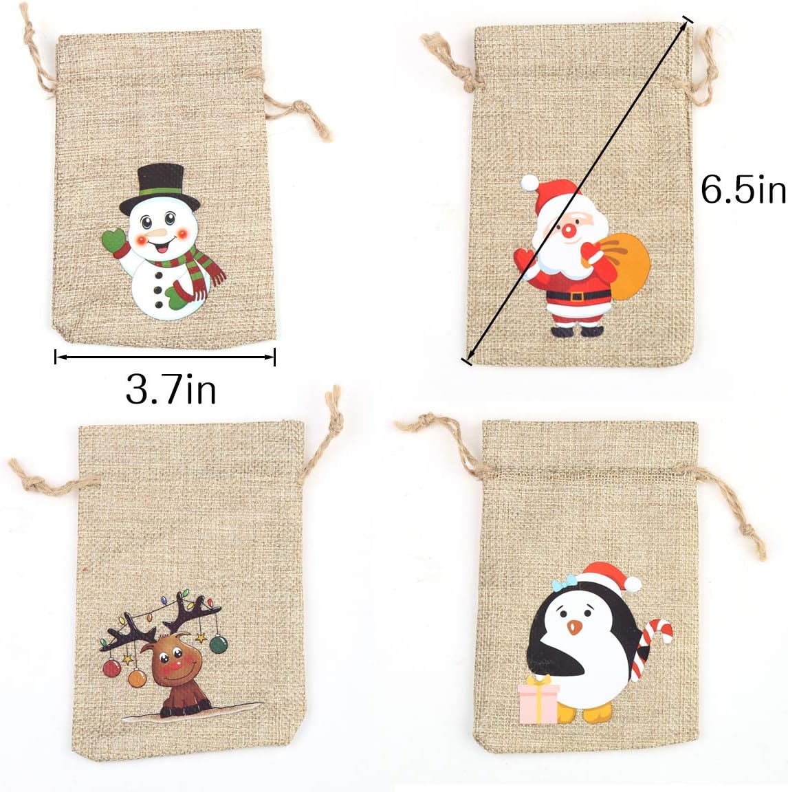 CCINEE 36pc Christmas Linen Bags with Drawstrings Christmas Burlap Goody Gift Bags with Double Jute Drawstrings, 4 designs Snowman, Santa Claus, Penguin and Reindeer