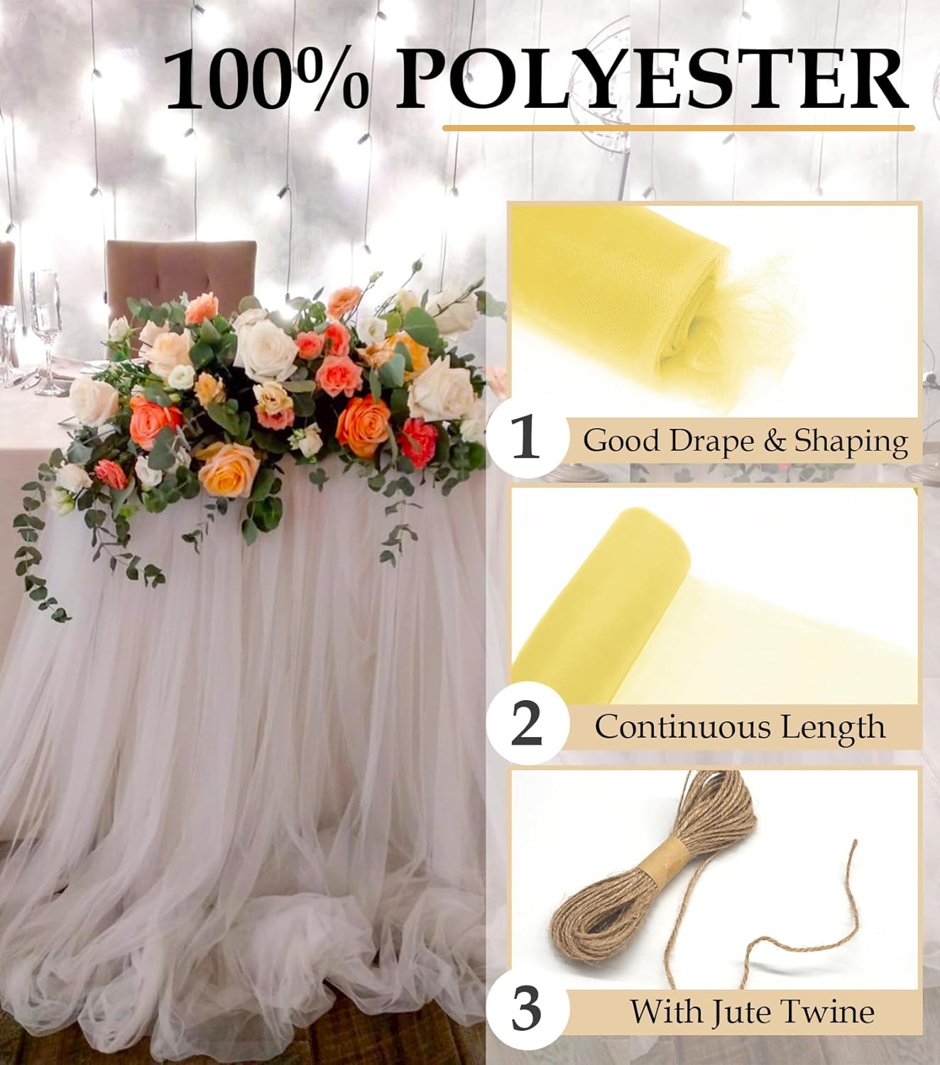 Mellow Yellow Tulle Fabric Roll, 54" x 40 Yards (120FT) Tulle for Christmas Wedding Decoration DIY Tutu Party Backdrop Baby Shower Table Skirts Gift Wrapping