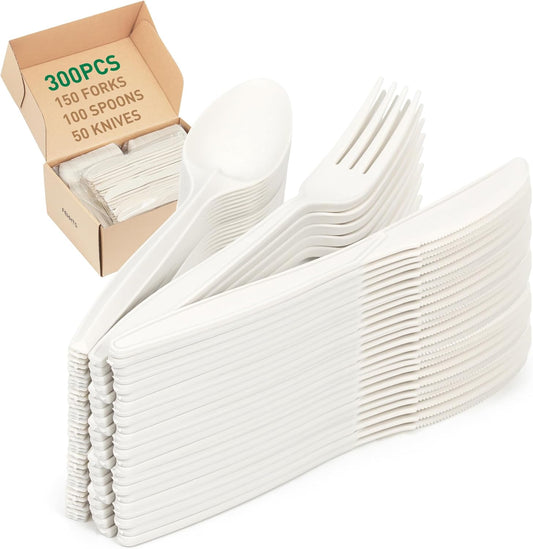 100% Compostable Cutlery Set, 300pcs (150 Forks,100 Spoons,50 Knives) Disposable Cornstarch Utensils Heavy Duty BPI Certified Eco-Friendly Party Supplies No Plastic, Ivory White