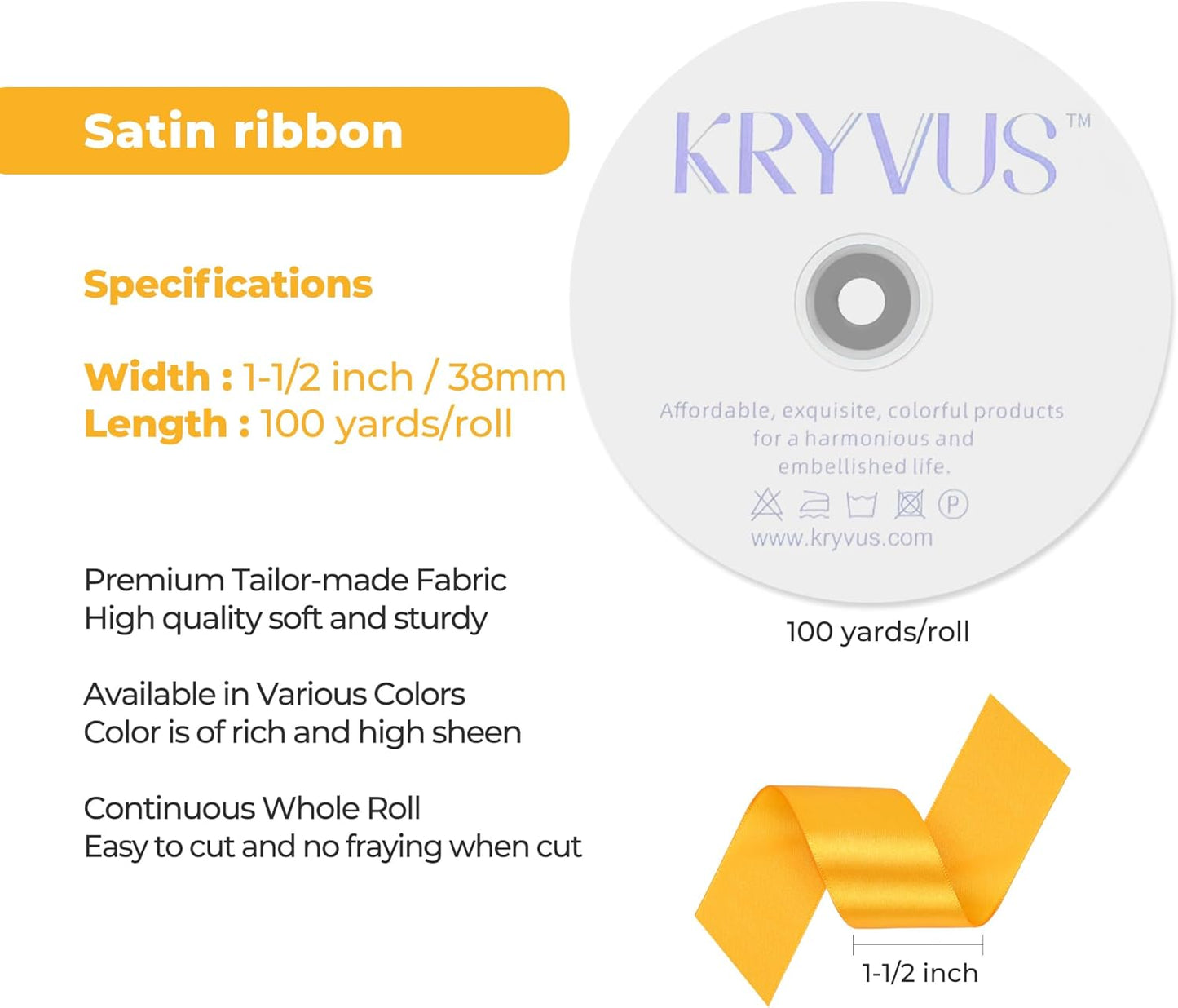 Yellow Satin Ribbon 1-1/2 inch X Continuous 100 Yards, Single Face Polyester Ribbon Perfect for Gift Wrapping, Flower Bouquet, Wedding Decor, Crafts, Bow Making, Sewing and More