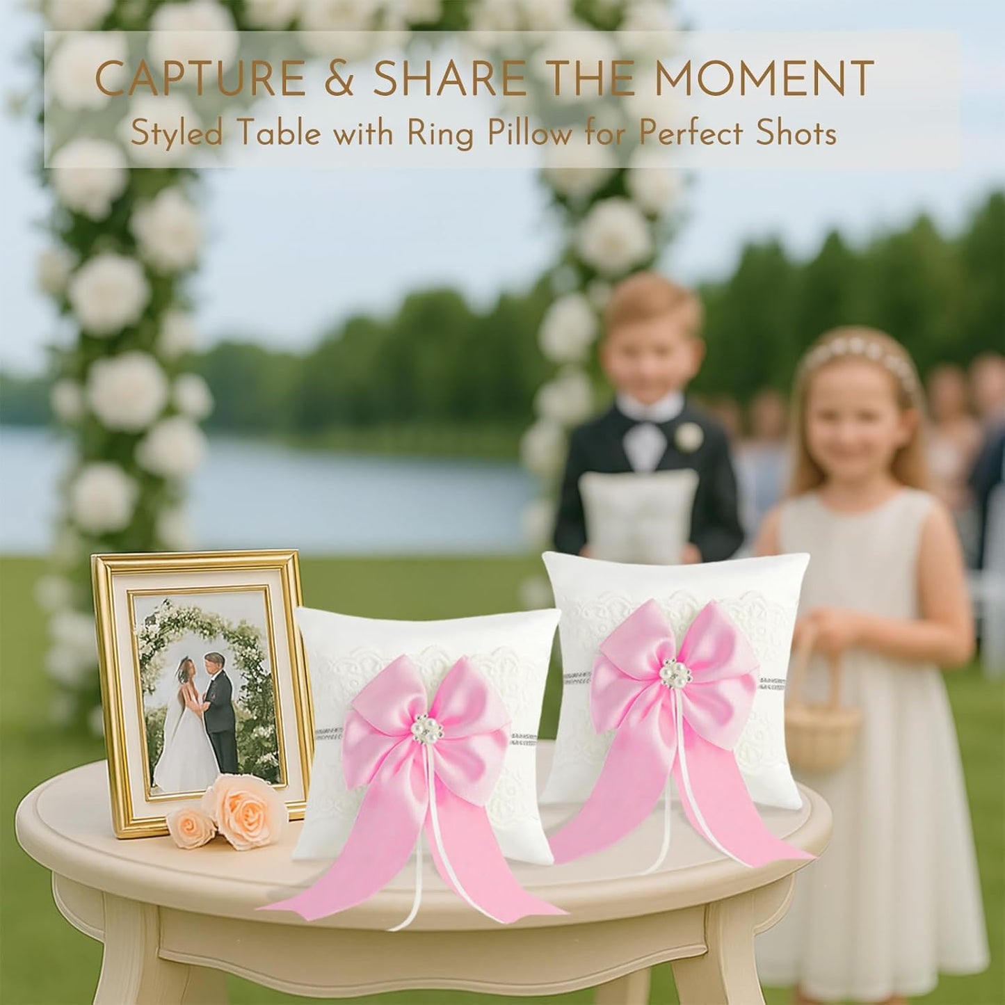 Wedding Ring Bearer Pillow: 8.2 x 8.2 Inch Ivory Satin Lace Cushion with Pink Pearl Bow for Ceremony Vows - Secure Ring Holder for Flower Boy or Girl (Pink – 2 Pack)