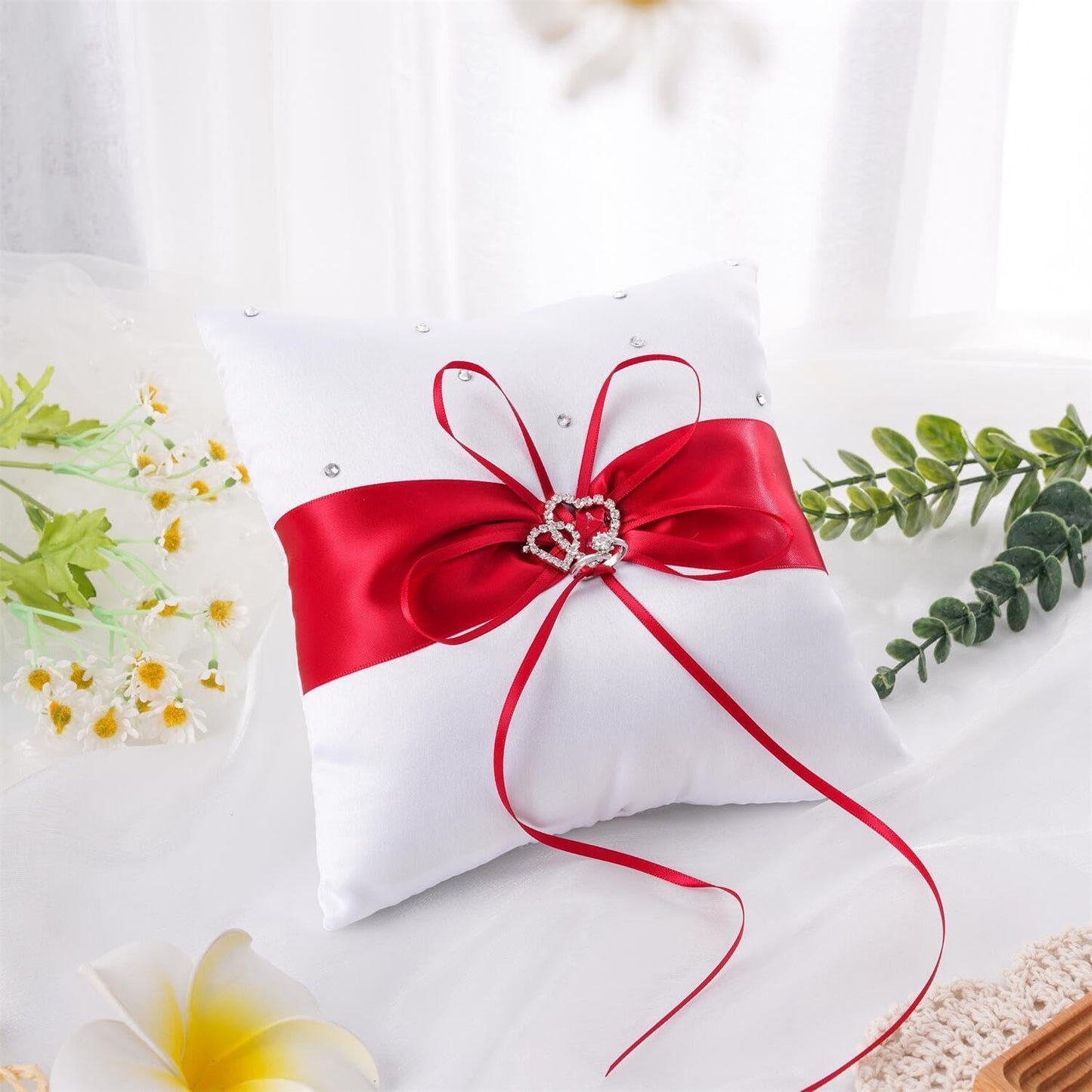 QIRMIZI Ring Pillow, Pearls Ring Cushion, Ring Bearer Holder for Beach Wedding & Ceremony, Proposal - Red