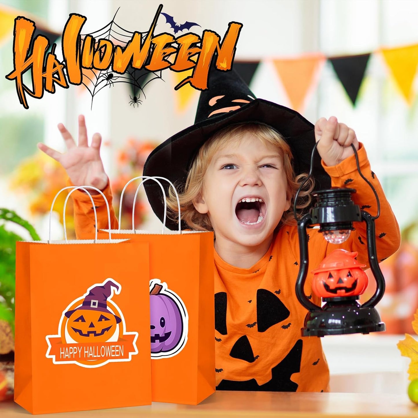 BagDream 8x4.25x10.5 Inch 100Pcs Orange Gift Bags Medium Size, Kraft Paper Bags with Handles Bulk for Halloween, Sporting Party Favors, Fall Festivals, Wedding, Retail, Grocery