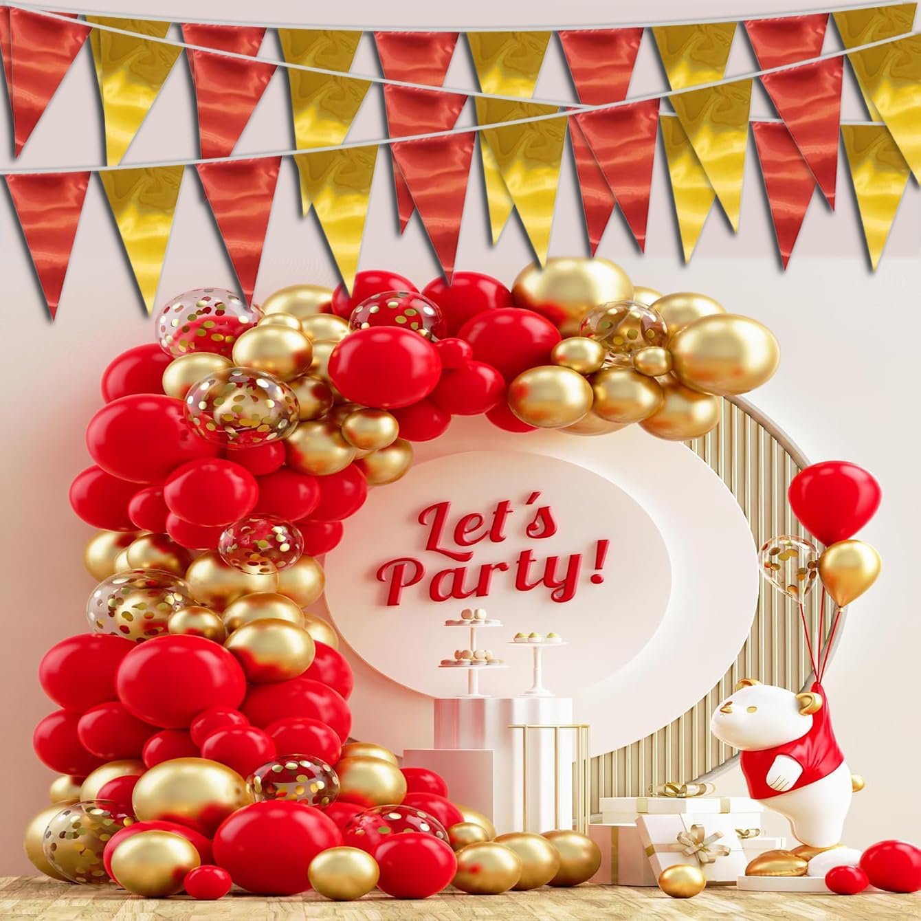 20M/65FT Red Gold Triangle Pennant Banner Flag Metallic Fabric Bunting Garland for Christmas Graduation Anniversary Birthday Engagement Wedding Anniversary Casino Party Decorations Supplies