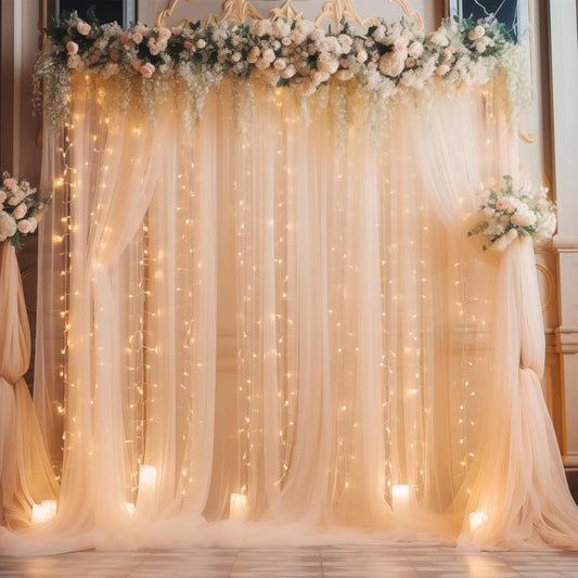 30×10ft Champagne Tulle Backdrop Curtain with Lights String for Parites, Sheer Photo Backdrop Curtains for Wedding Party Photography Background