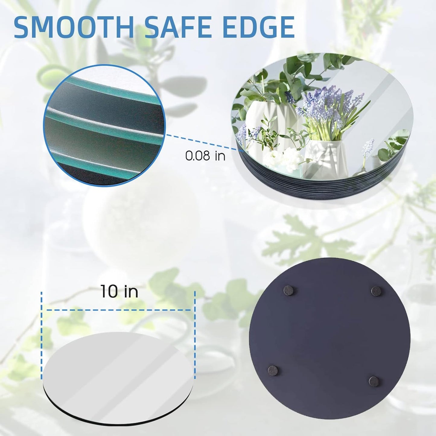 VASUHOME 10" Round Mirror Centerpieces for Tables, Glass Mirror Tray Set for Wedding and Party Decorations, Circle Mirror Plates with Smooth Edge and Cushioned Feet, 2mm Thick