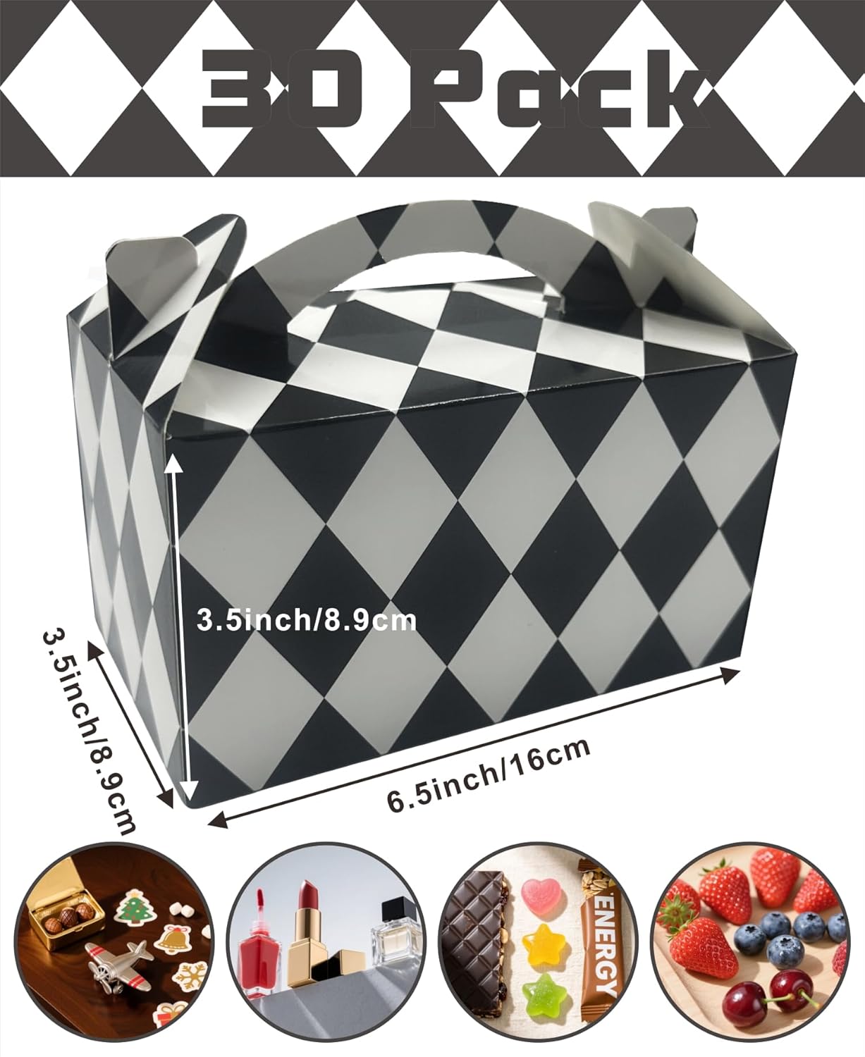 30-Pack Gable Treat Boxes with Handles, 6" Pop-Up Party Favor Gift Boxes for Birthday,Wedding,Baby Shower, Eco-Friendly Candy,Cookie,Goodie Bags for Kids, Bachelorette Decor(Black and White)