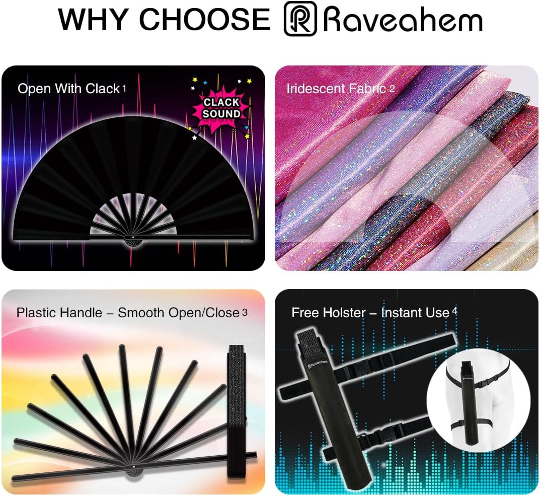 13" Large Folding Rave Fan with Holster, Clack Hand Fans Foldable for Line Dancing, Boots On The Ground Fan for Women Men Festival EDM Party Decoration, Lridescent Purple 2 Pack