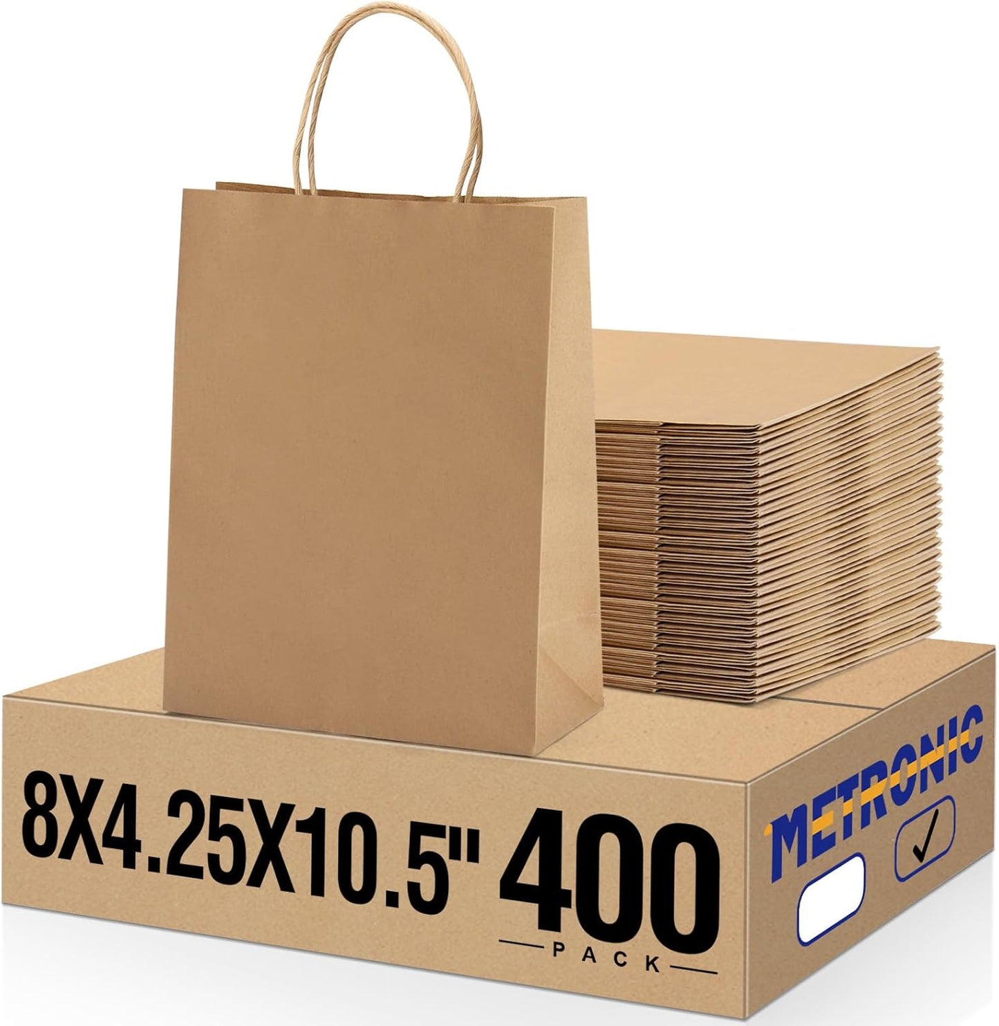METRONIC Paper Gift Bags 8x4.25x10.5 400Pcs Brown Paper Bags with Handles Bulk, Kraft Paper Bag for Small Business, Birthday Wedding Party Favor Bag, Christmas Gift bags, Retail shopping