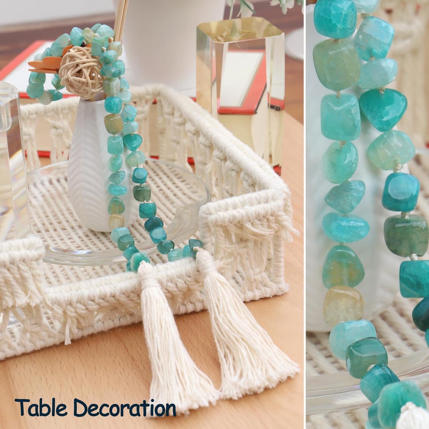 Agate Stone Hand Knotted Garland Modern Farmhouse Rustic Table Home Decor, 30inch Meditation Accessories with Tassel, Prayer Healing Beads Boho Wall Shelf Hanging Decoration (Lime Green)