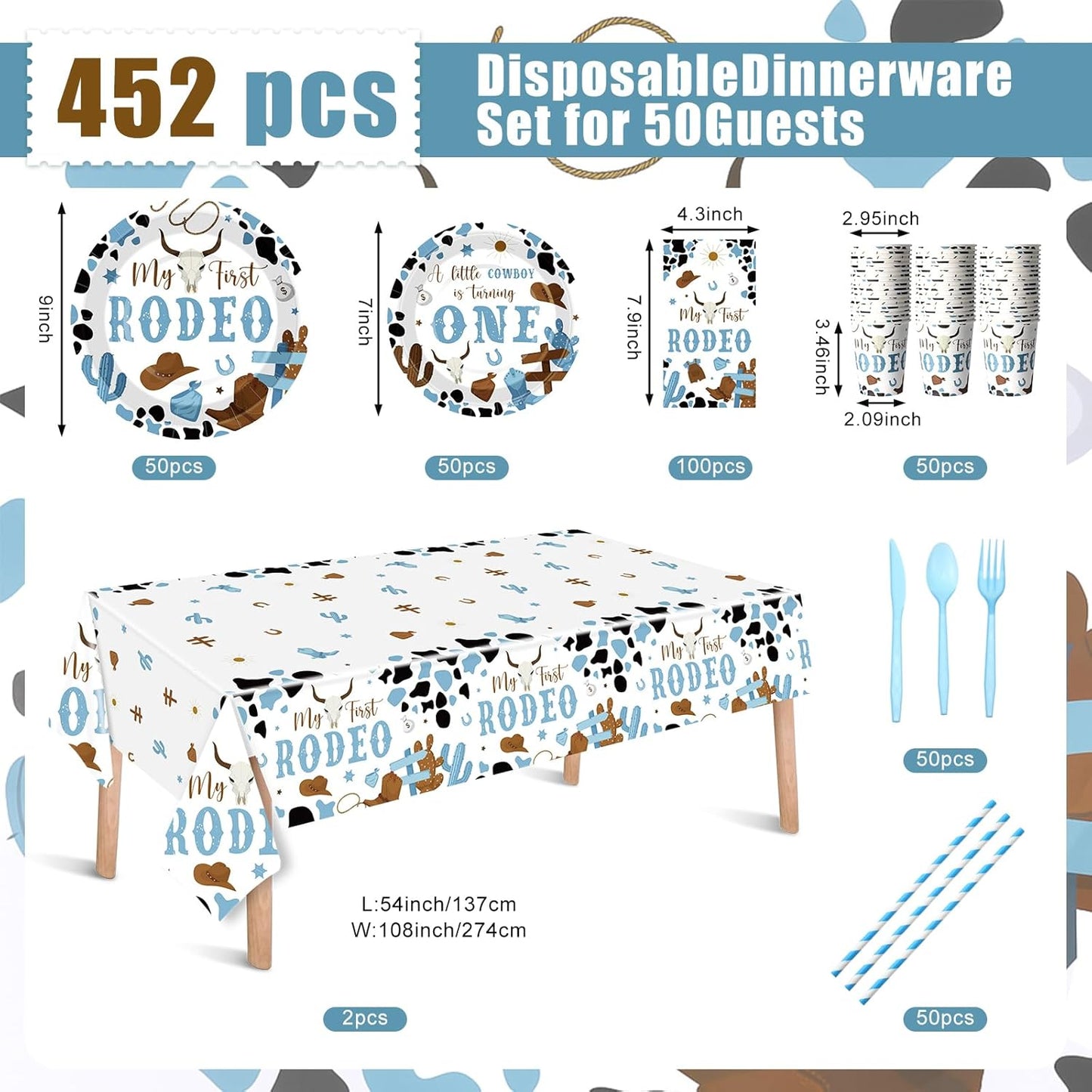 452 Pcs First Rodeo Decorations Boy, Blue Western Cowboy Paper Plates Napkins Cups Tablecloth Cutlery Straws for My 1st Rodeo Birthday Party Baby Shower Decorations Supplies for 50 Guests