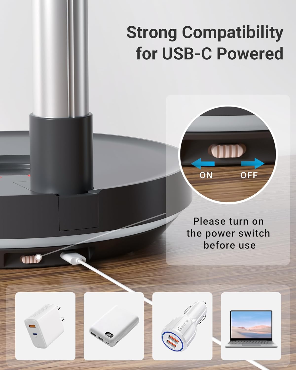 Primevolve Portable Rechargeable Oscillating Fan, Battery Operated Fan Adjustable Height, USB Home Office Outdoor Camping Travel, Dark Gray 10"