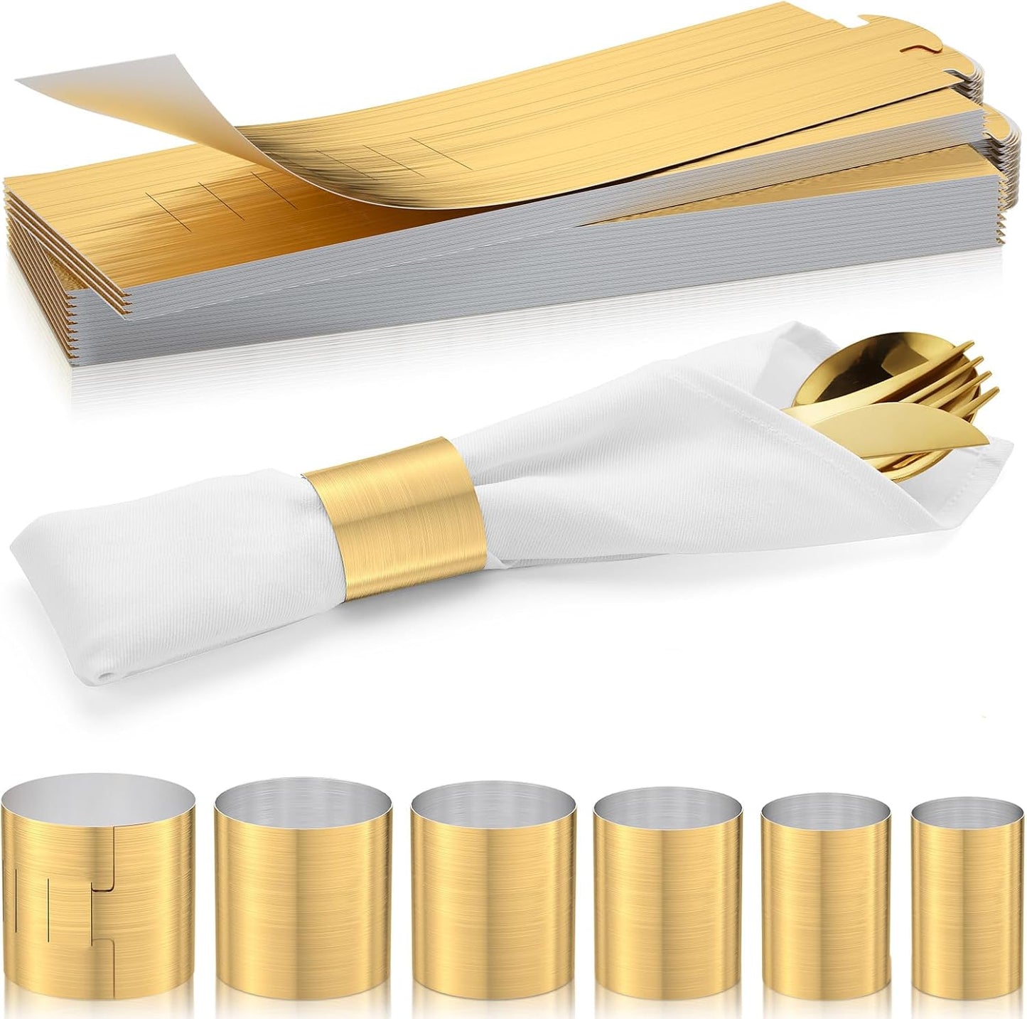 Polymer Material Reusable Napkin Band, Glue-Free Tear-Proof Water Resistant Oil-Proof Napkin Bands Set of 50(Front Brushed Gold Color and Back Silver), 6 Adjustable Sizes Napkin Rings